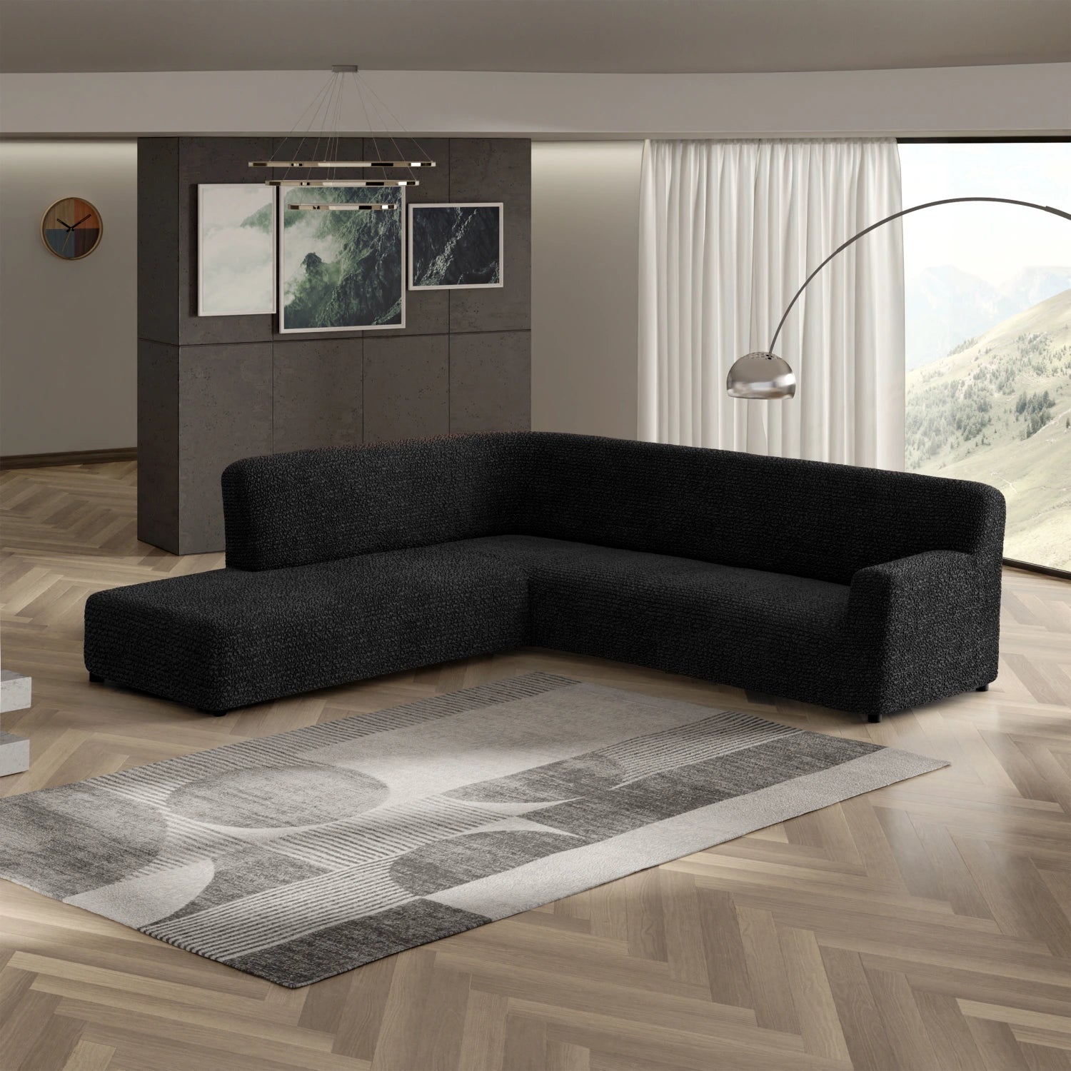 Black Fullback Support Sectional Sofa Slipcover (Left Chaise), Microfibra Collection