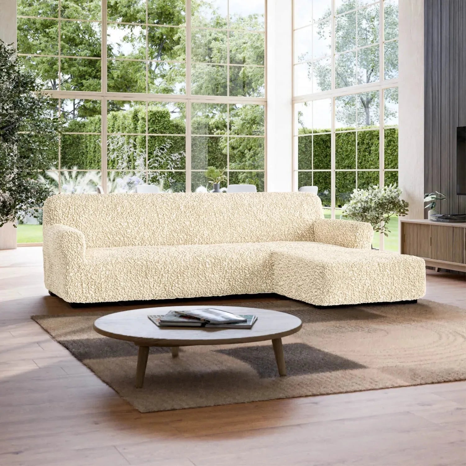 Cream L-Shaped Sofa Slipcover (Right Chaise), Fuco Cotton Collection