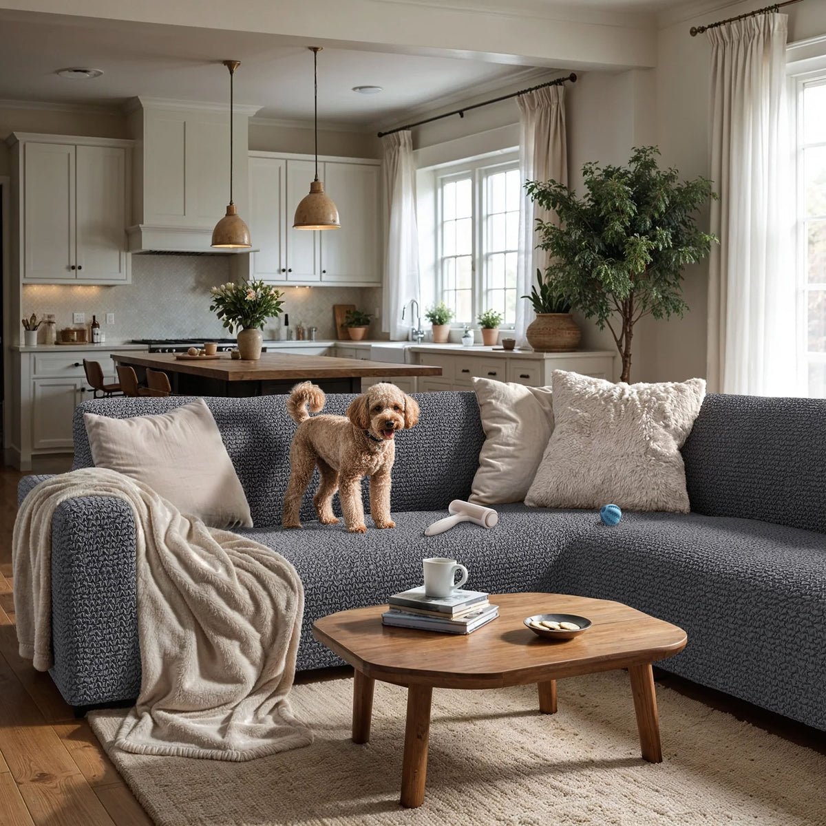 Corner Sofa Slipcover, Comfort Collection – Dark Grey, interior view with dog | Dark Grey