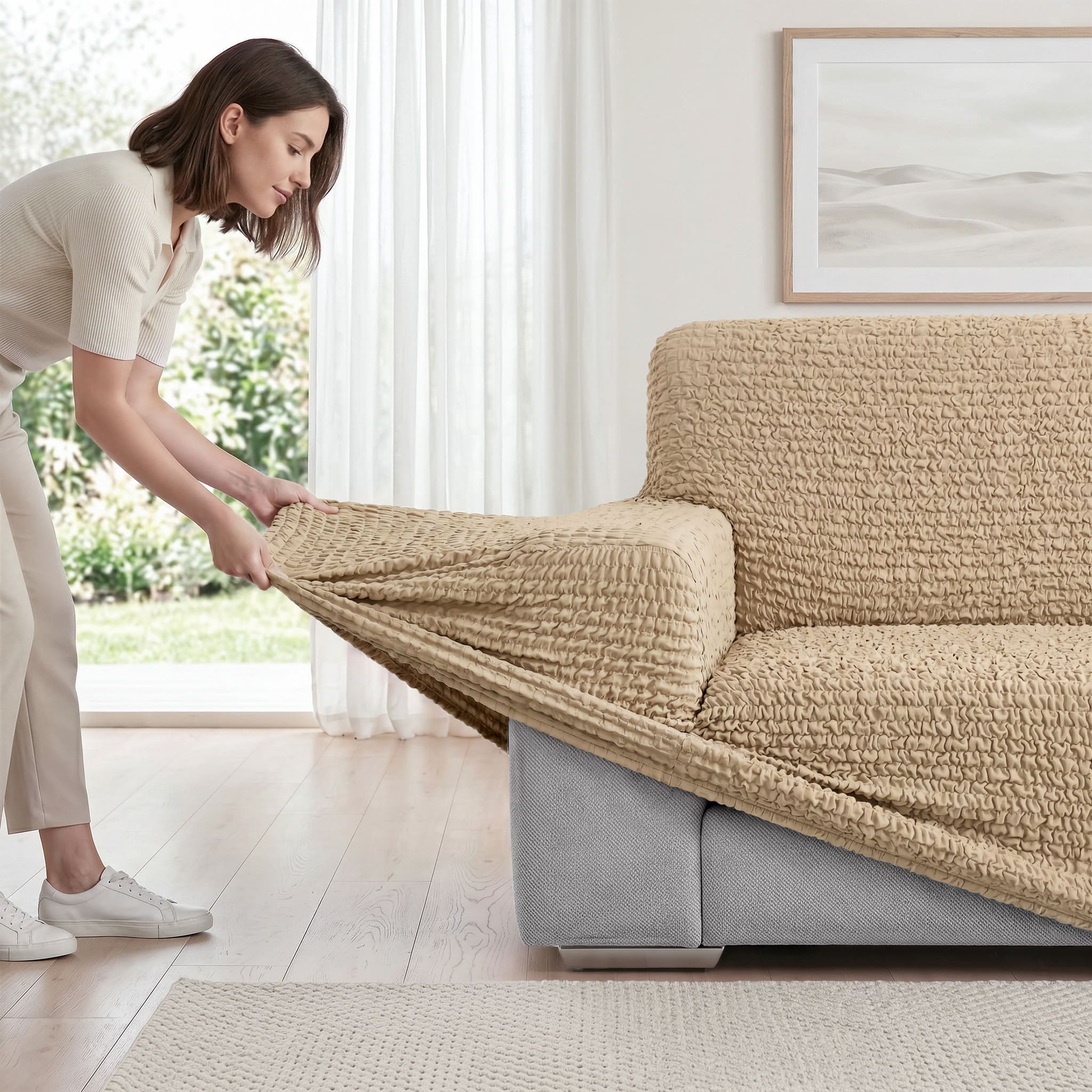 Loveseat 2 Seater Slipcover, CottonRich Collection – Beige, product view | Beige