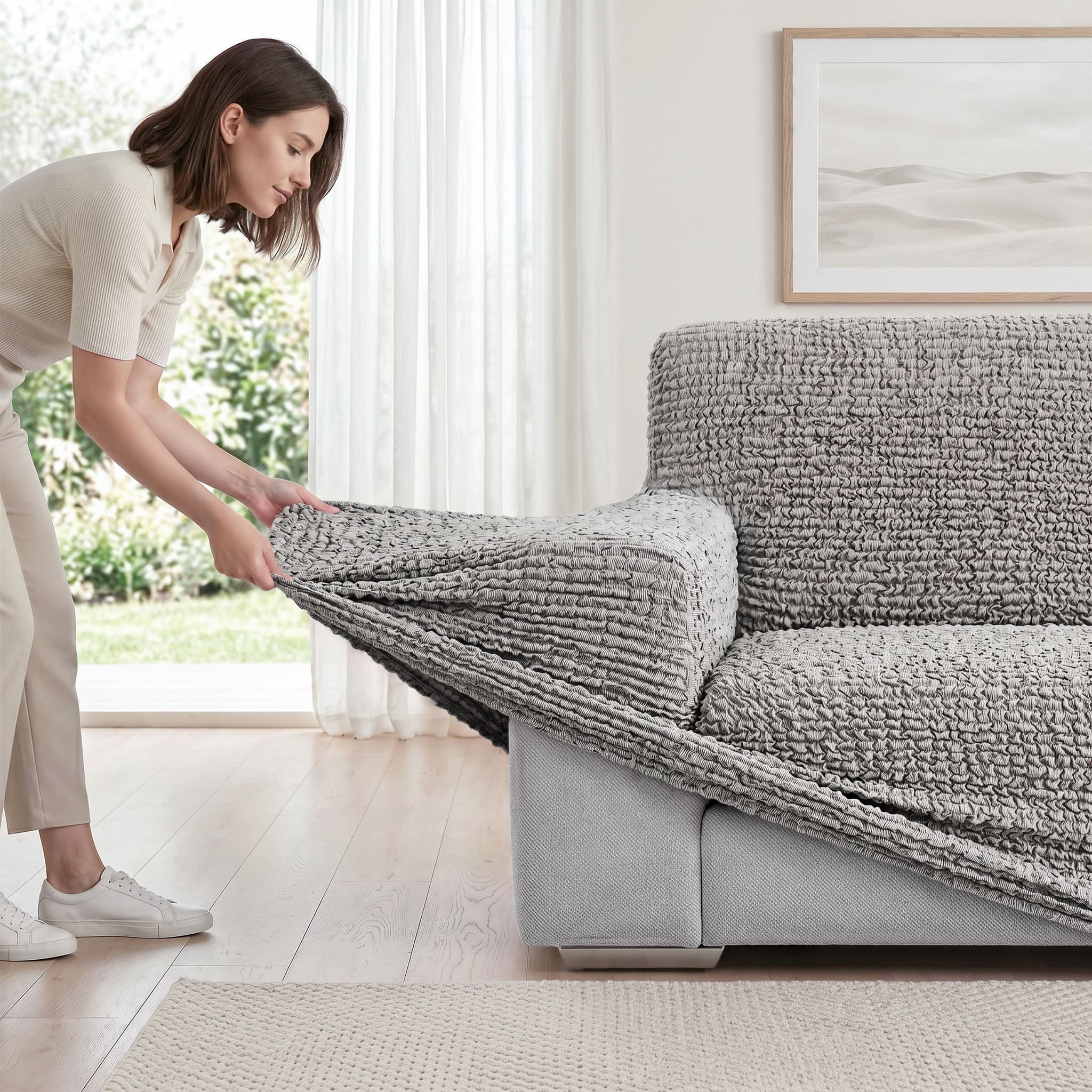 Sofa 3 Seater Slipcover, CottonRich Collection – Platinum, product view | Platinum