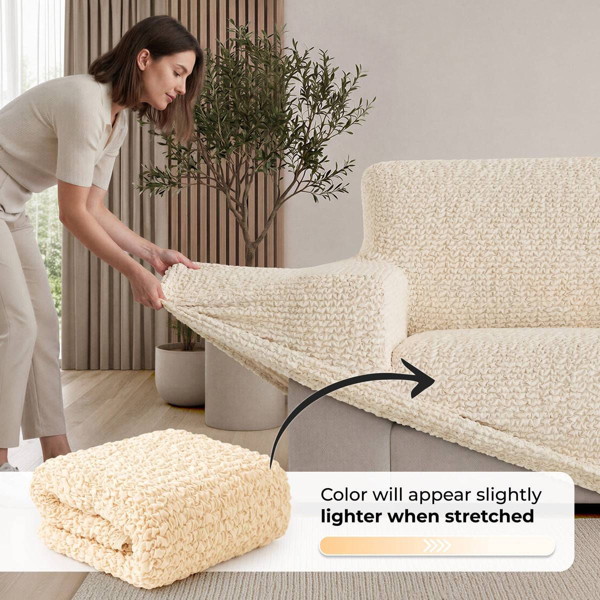 Loveseat 2 Seater Slipcover, Comfort Collection – Cream, installation view | Cream