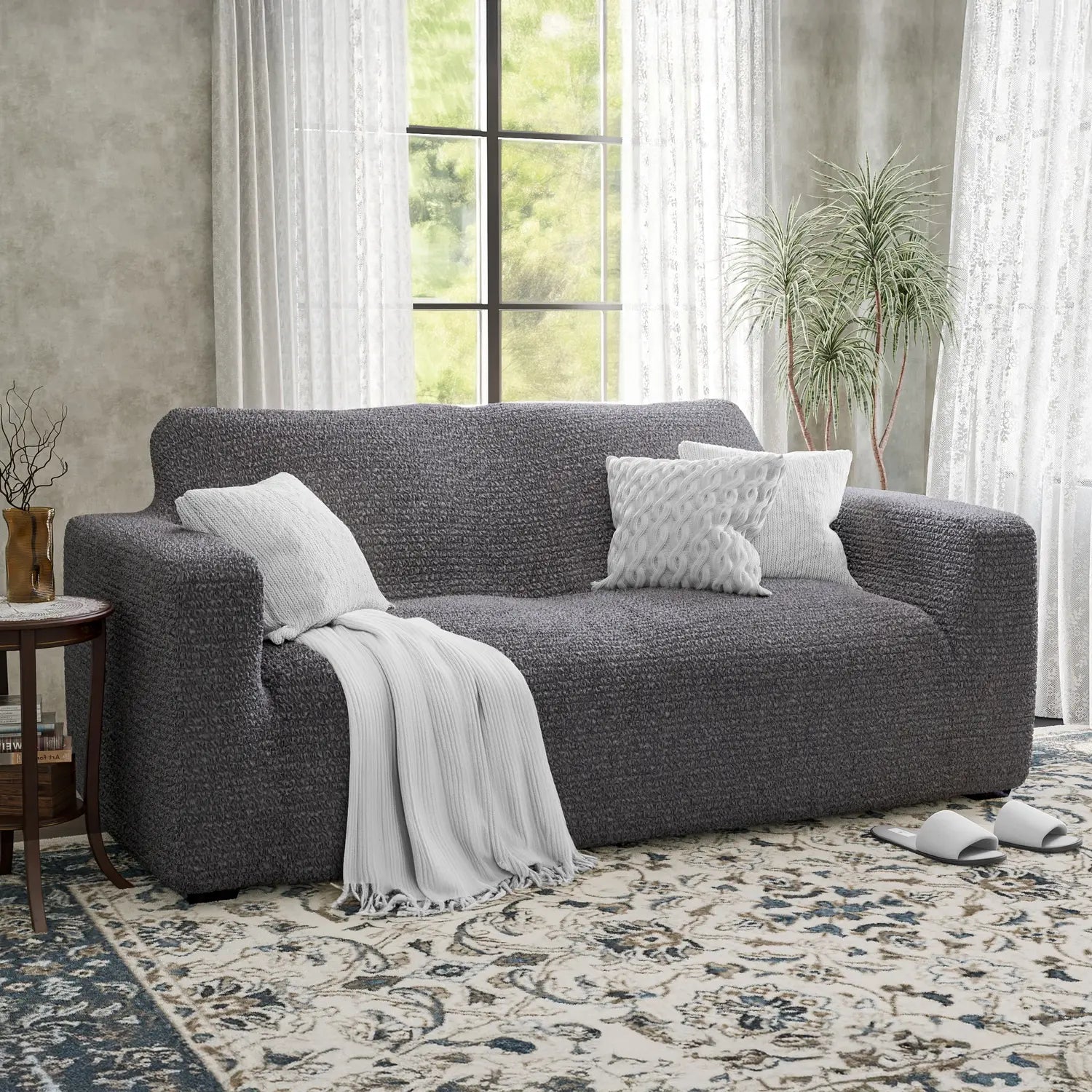 Dark Grey Loveseat 2 Seater Slipcover, Mille Righe Collection