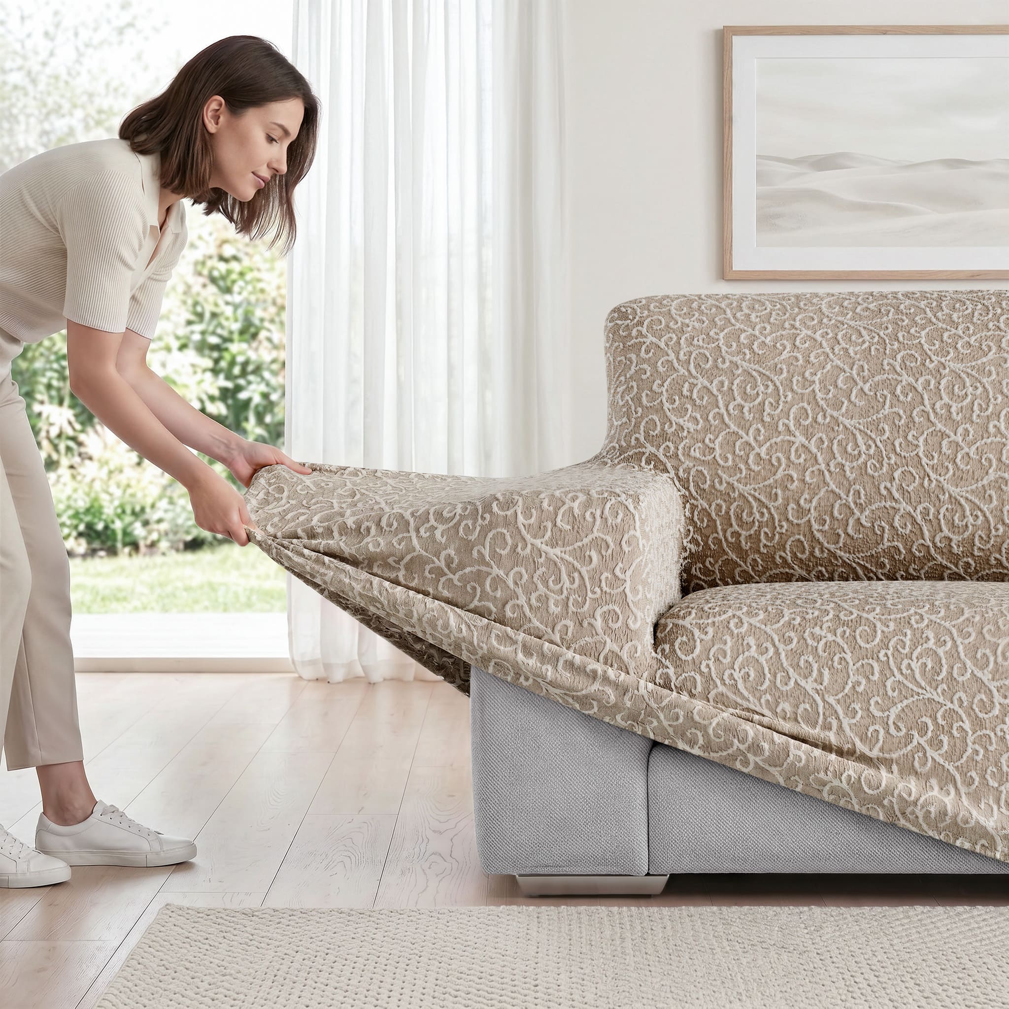 Chaise Lounge Slipcover, Jacquard 3D Collection – Brown Arabesco, product view | Brown Arabesco