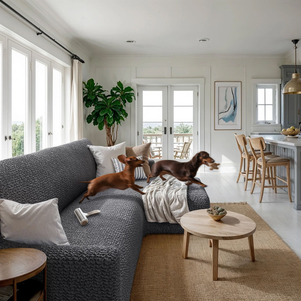 L-Shaped Sofa Slipcover (Right Chaise), Comfort Collection – Dark Grey, interior view with dog | Dark Grey