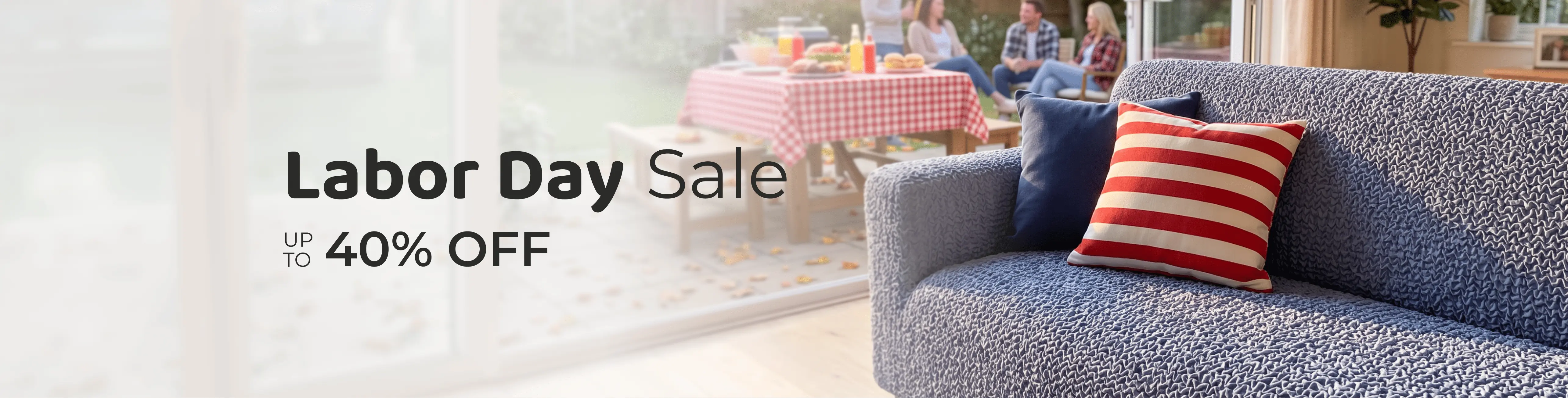 A blue textured fabric sofa in a bright living room with two throw pillows, one red and white striped and one dark blue. Large text on the left reads 'Labor Day Sale UP TO 40% OFF' with a blurred dining room scene in the background.