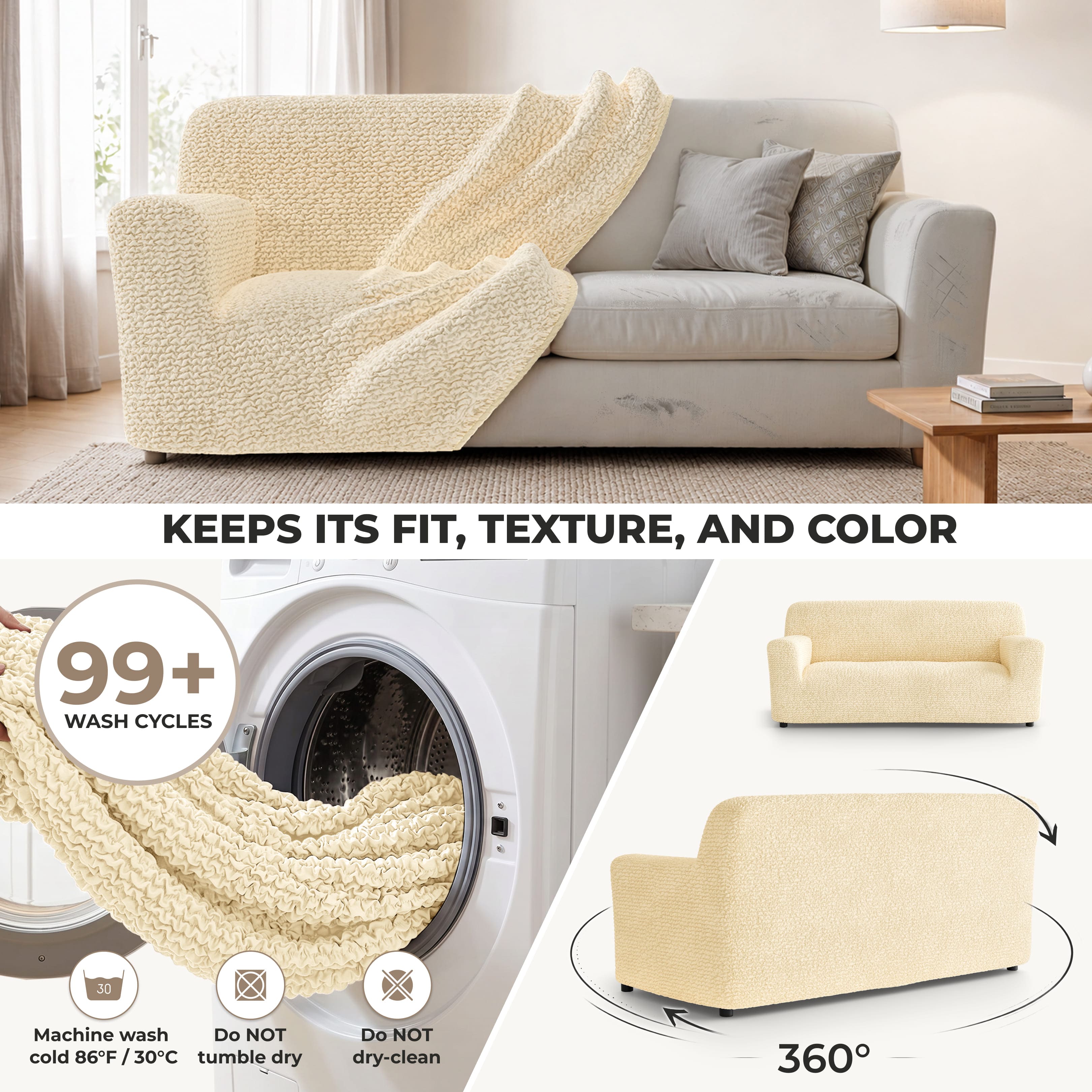 Sofa 3 Seater Slipcover, Comfort Collection – Cream, color swatch | Cream