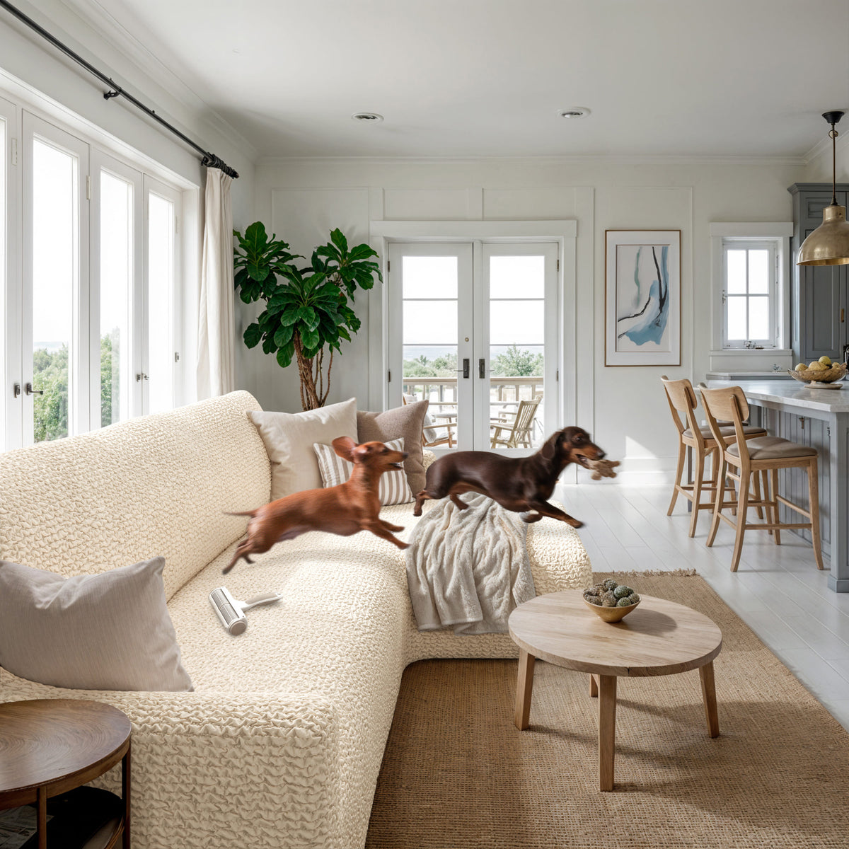 L-Shaped Sofa Slipcover (Right Chaise), Comfort Collection – Cream, interior view with dog | Cream