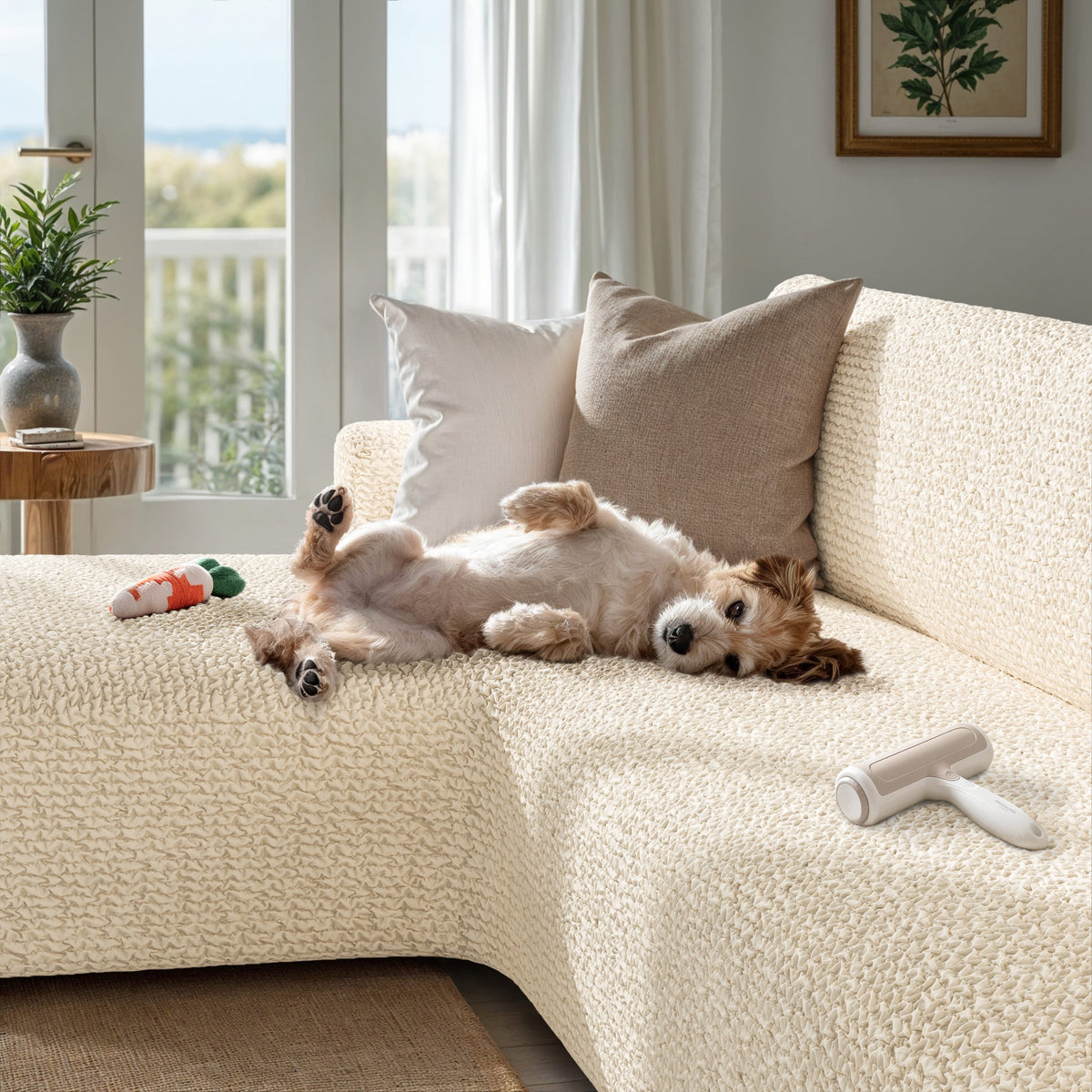 L-Shaped Sofa Slipcover (Left Chaise), Comfort Collection – Cream, interior view with dog | Cream