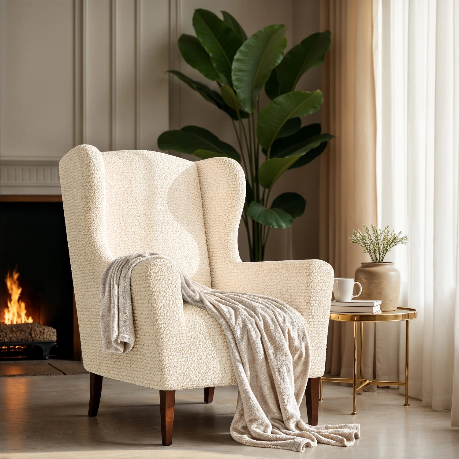 Cream Wingback Chair Slipcover, Microfibra Collection
