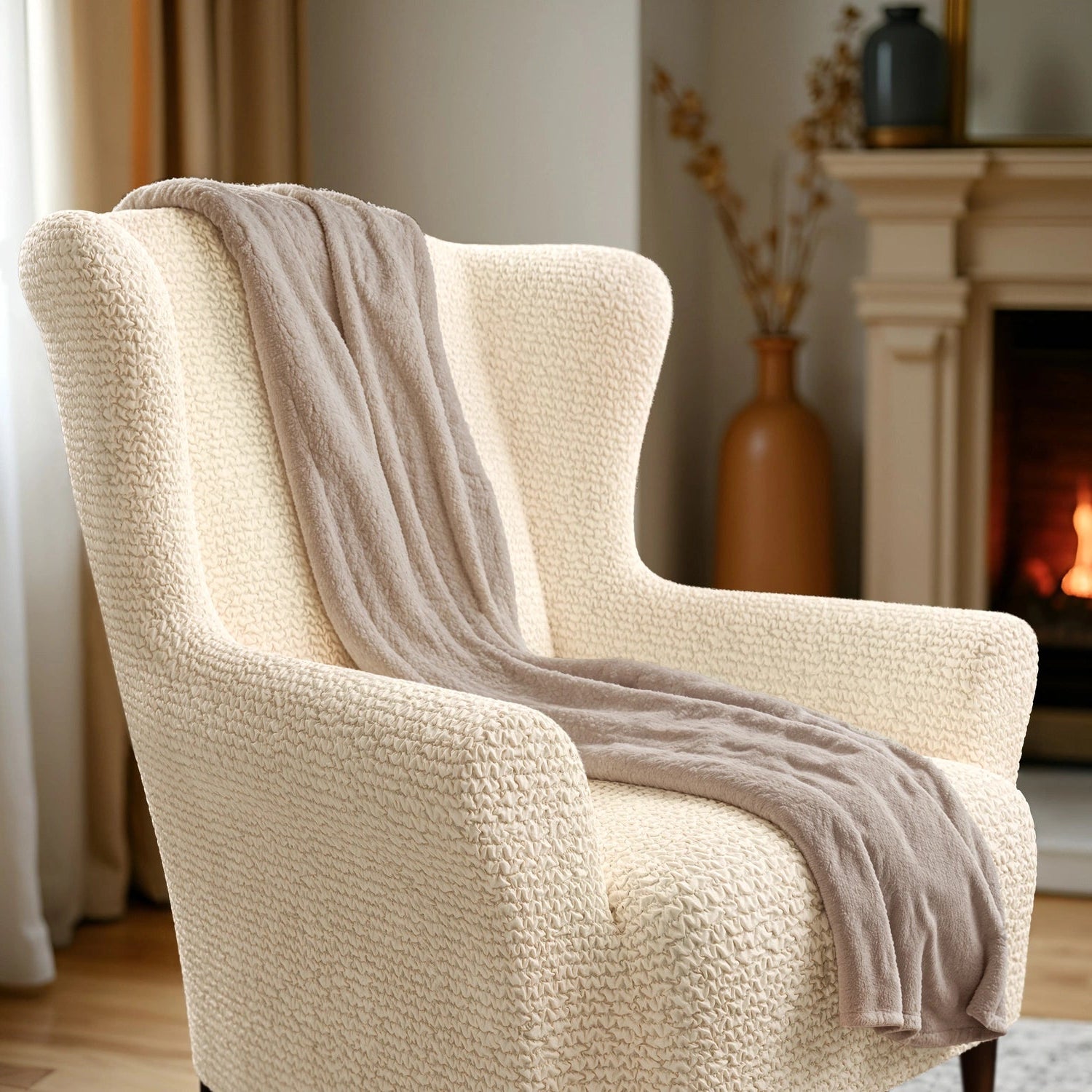 Cream Wingback Chair Slipcover, Microfibra Collection