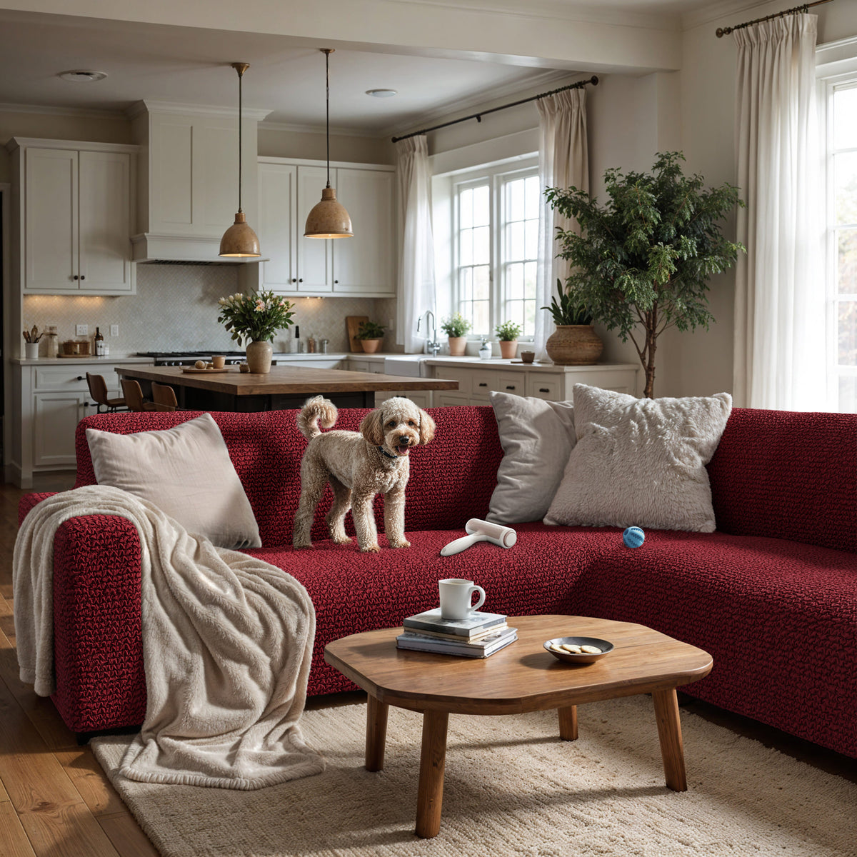 Corner Sofa Slipcover, Comfort Collection – Burgundy, interior view with dog | Burgundy