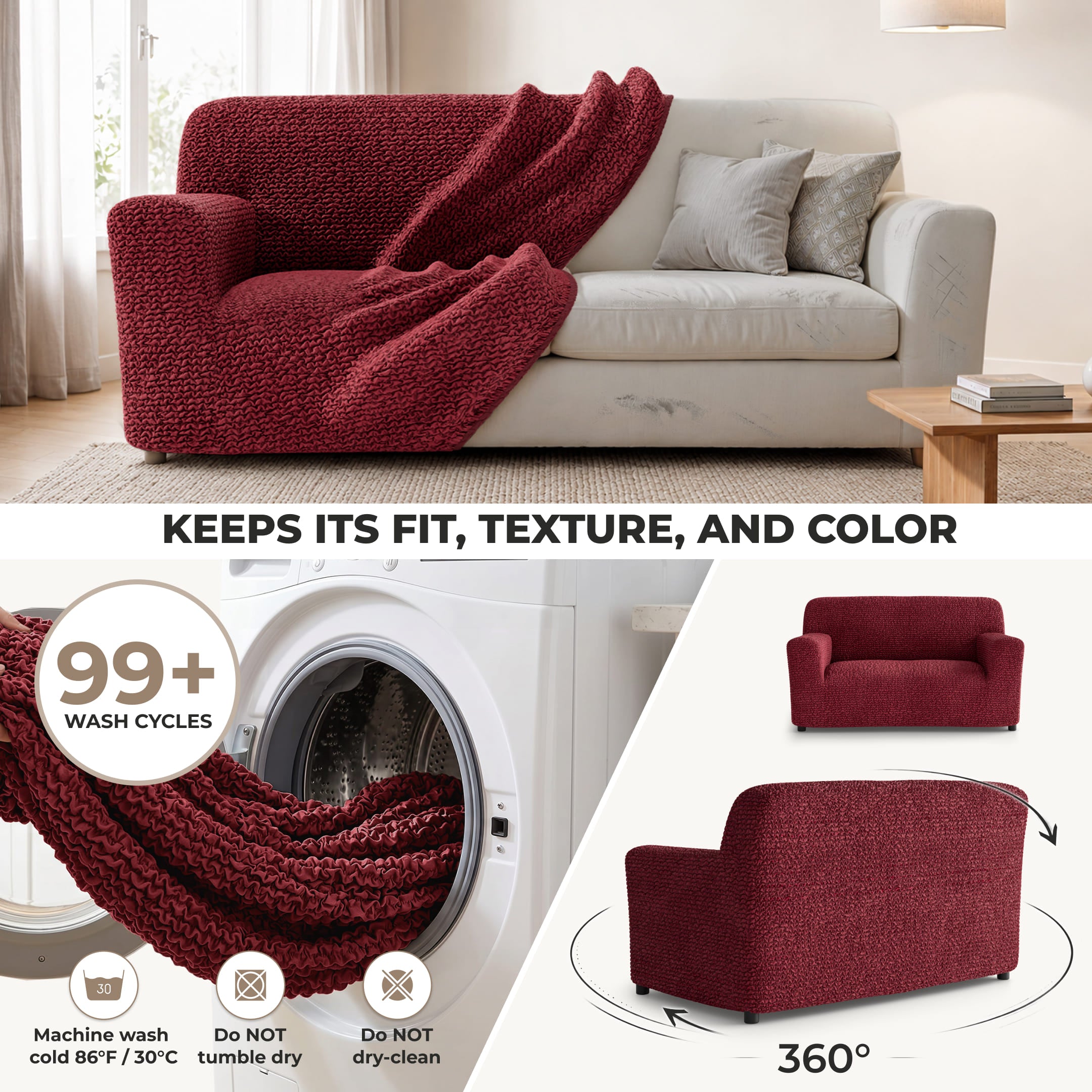 Loveseat 2 Seater Slipcover, Comfort Collection – Burgundy, About it | Burgundy