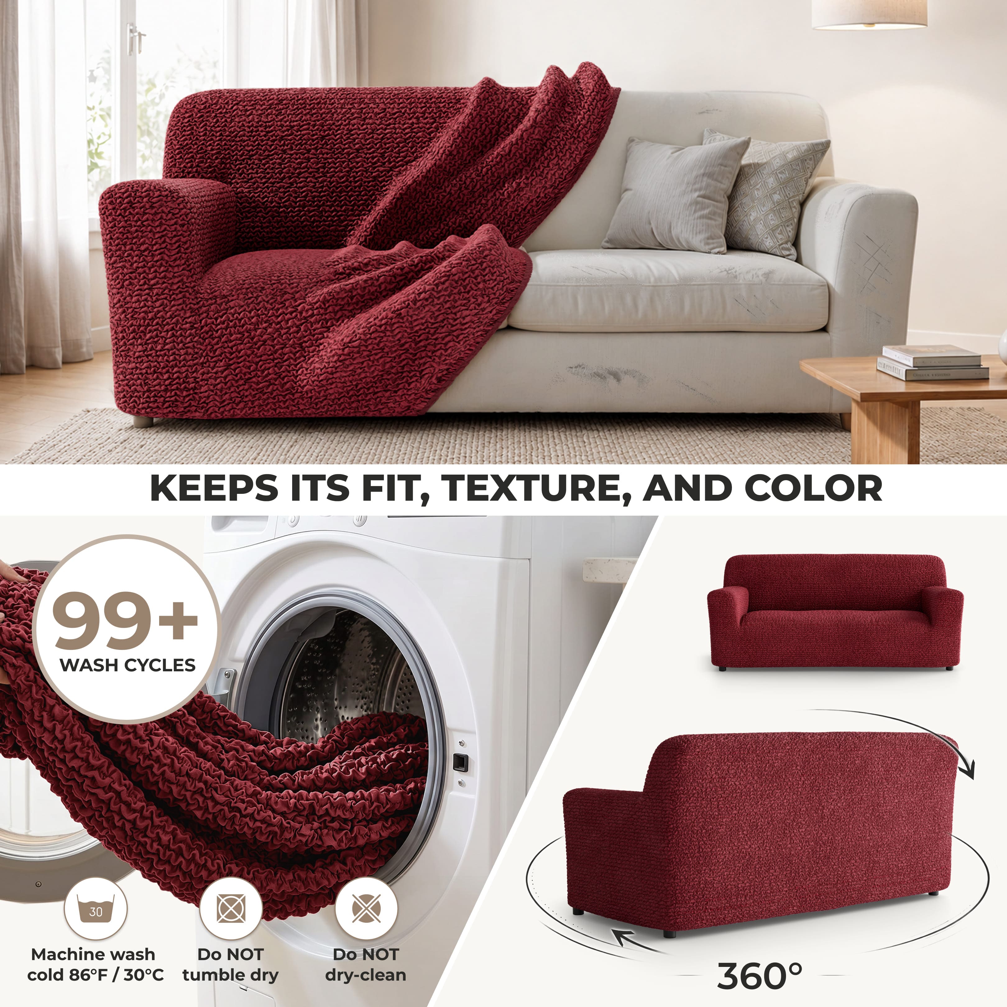Sofa 3 Seater Slipcover, Comfort Collection – Burgundy, color swatch | Burgundy