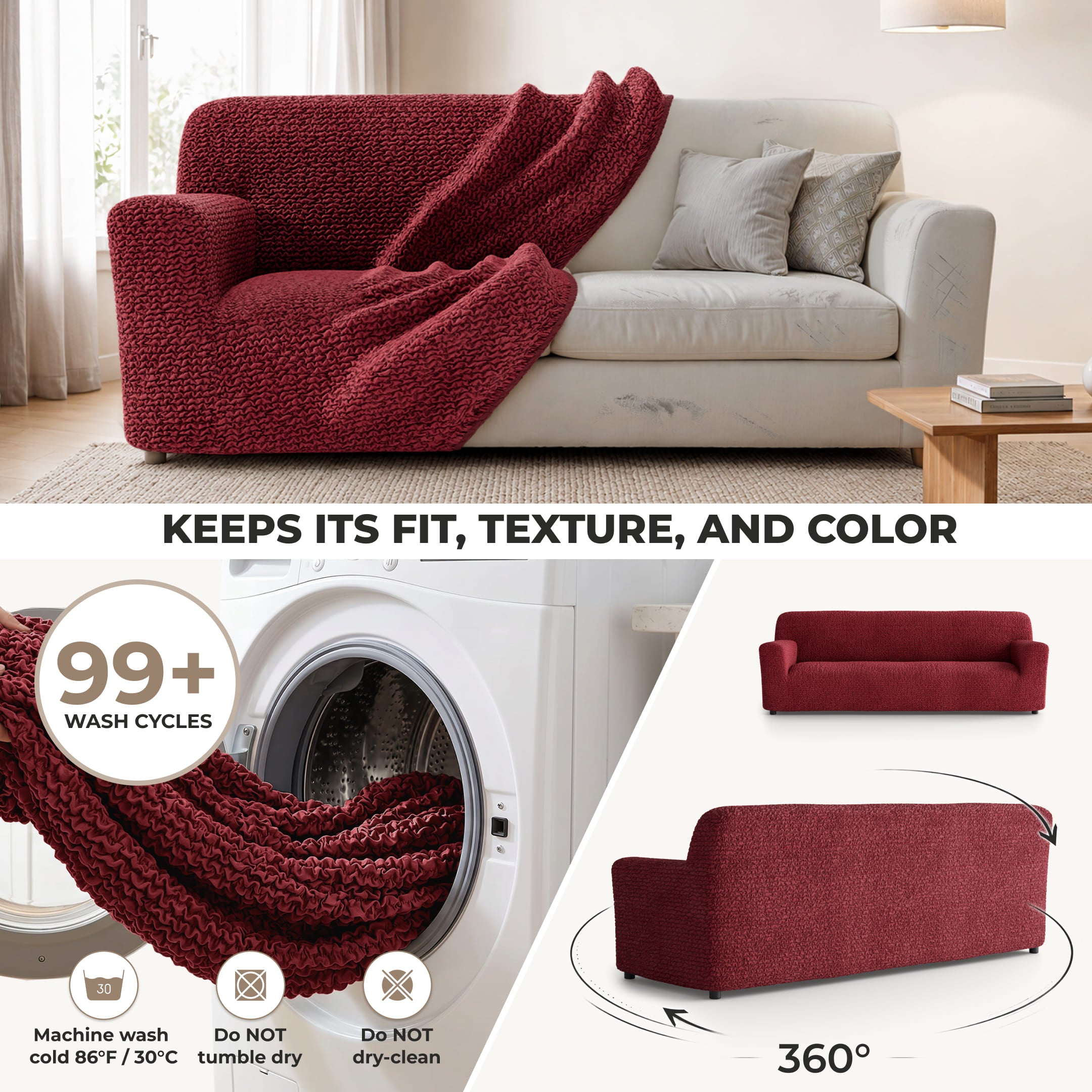 Sofa 4 Seater Slipcover, Comfort Collection – Burgundy, color swatch | Burgundy