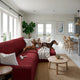 L-Shaped Sofa Slipcover (Right Chaise), Comfort Collection – Burgundy, interior view with dog | Burgundy