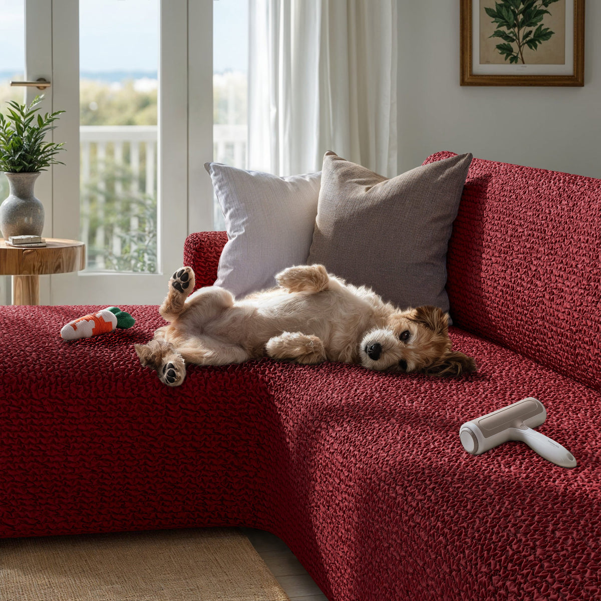 L-Shaped Sofa Slipcover (Left Chaise), Comfort Collection – Burgundy, interior view with dog | Burgundy