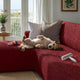 L-Shaped Sofa Slipcover (Left Chaise), Comfort Collection – Burgundy, interior view with dog | Burgundy