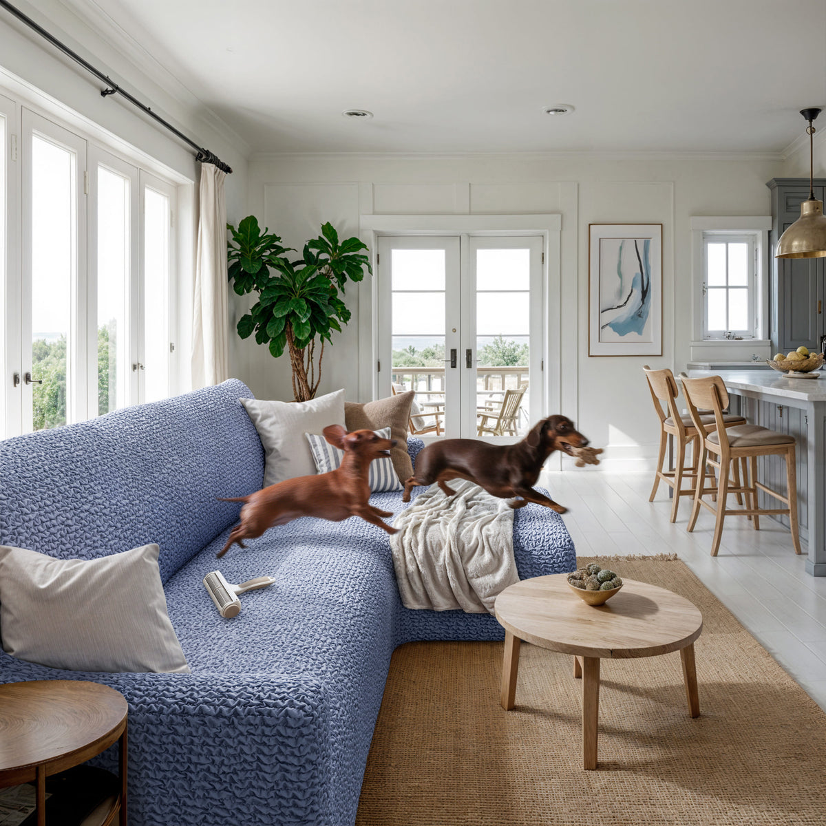 L-Shaped Sofa Slipcover (Right Chaise), Comfort Collection – Blue, interior view with dog | Blue