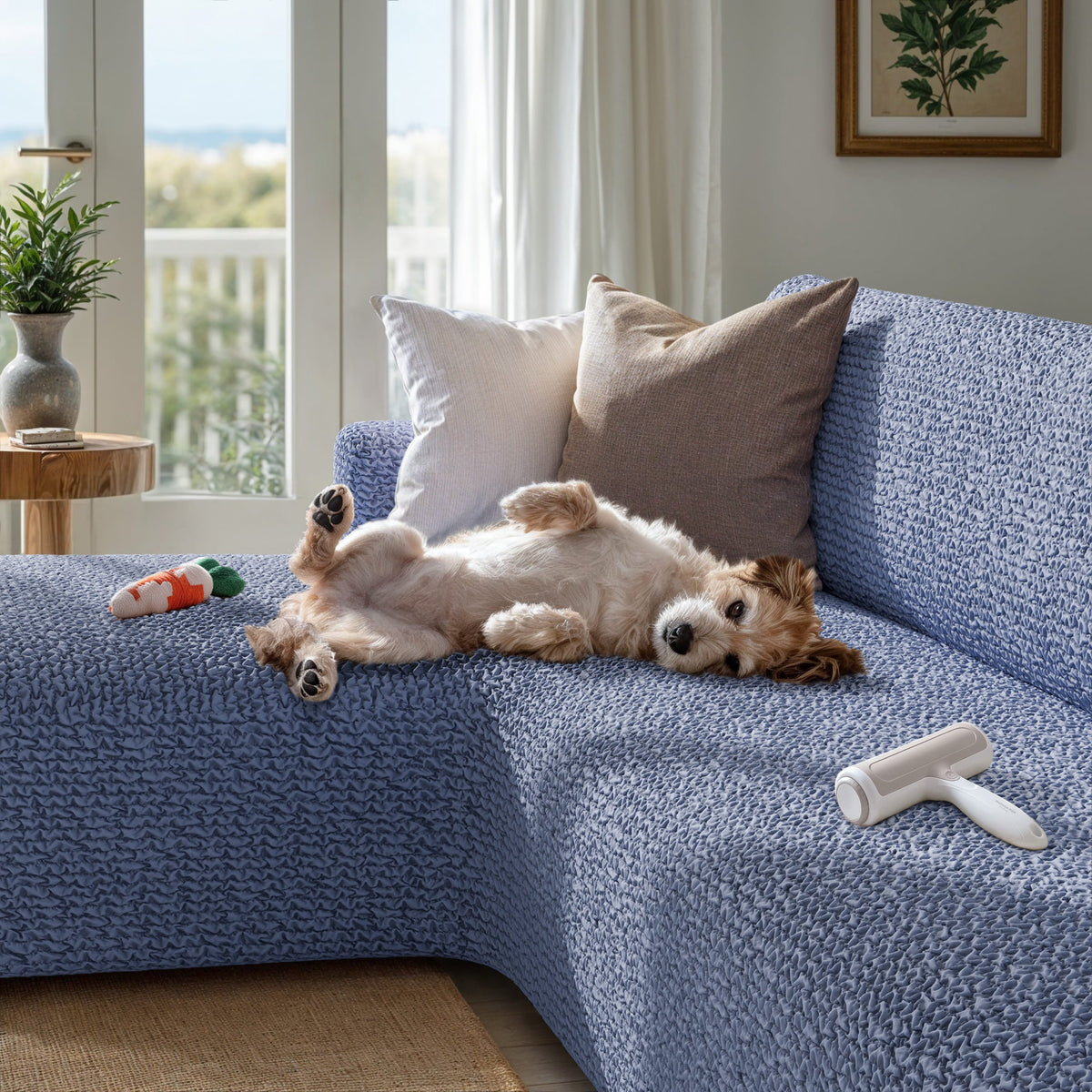 L-Shaped Sofa Slipcover (Left Chaise), Comfort Collection – Blue, interior view with dog | Blue