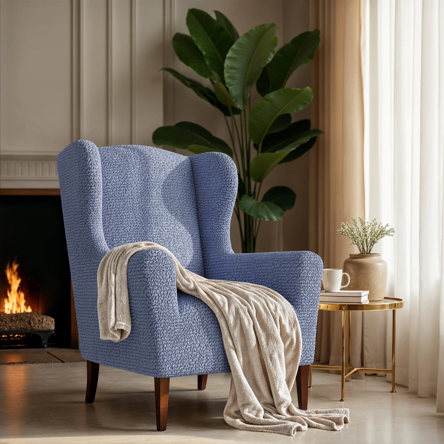 Blue Wingback Chair Slipcover, Microfibra Collection