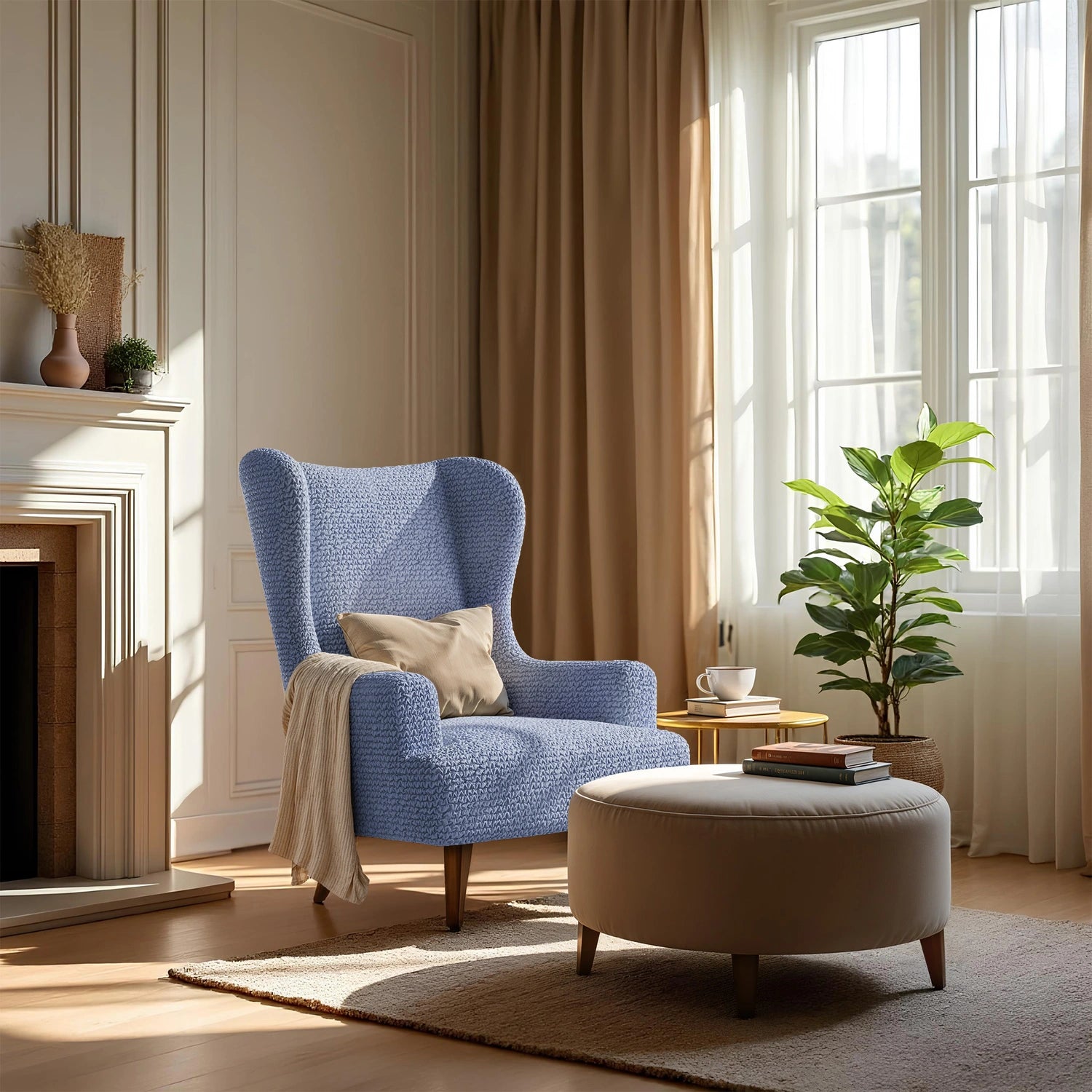 Blue Wingback Chair Slipcover, Microfibra Collection