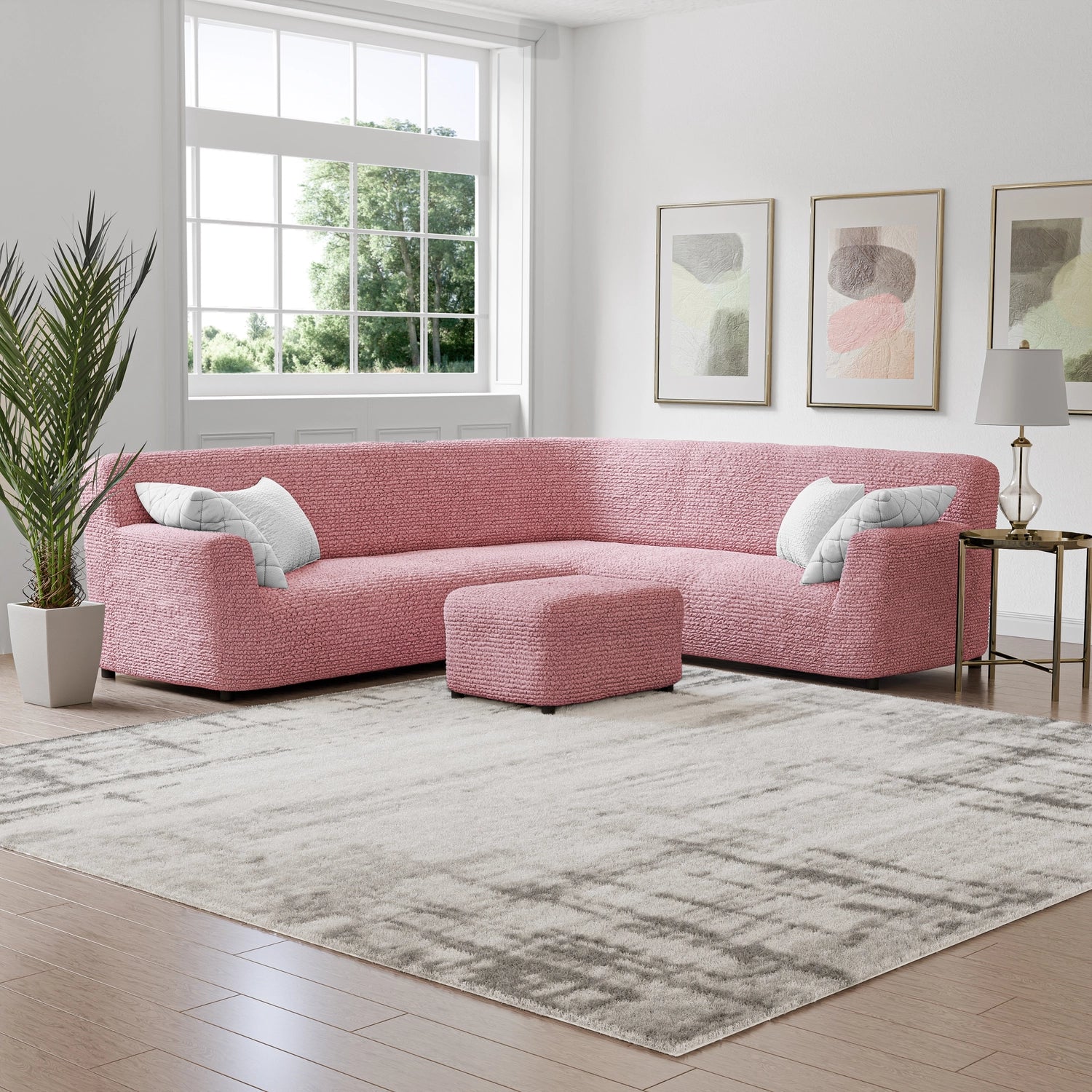 Coral Pink Corner Sofa Slipcover, Microfibra Collection