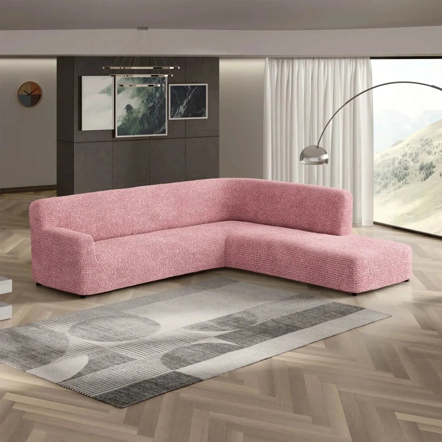 Coral Pink Fullback Support Sectional Sofa Slipcover (Right Chaise), Microfibra Collection