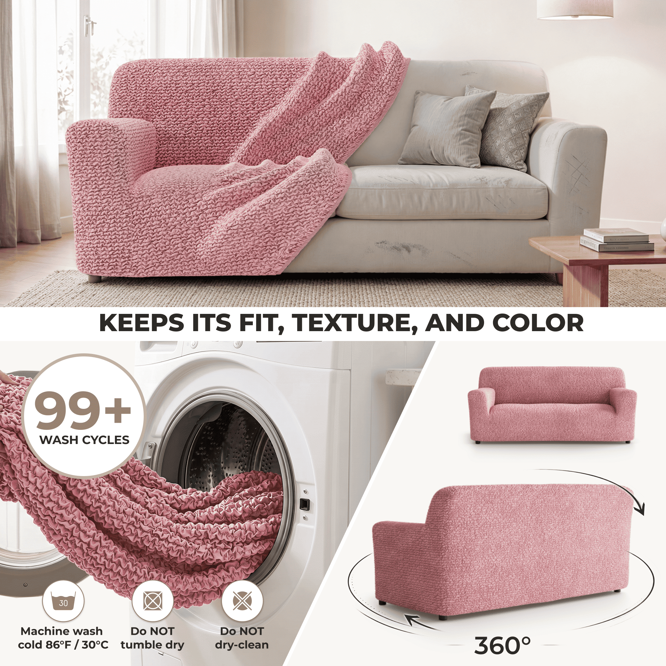 Sofa 3 Seater Slipcover, Comfort Collection – Coral Pink, color swatch | Coral Pink