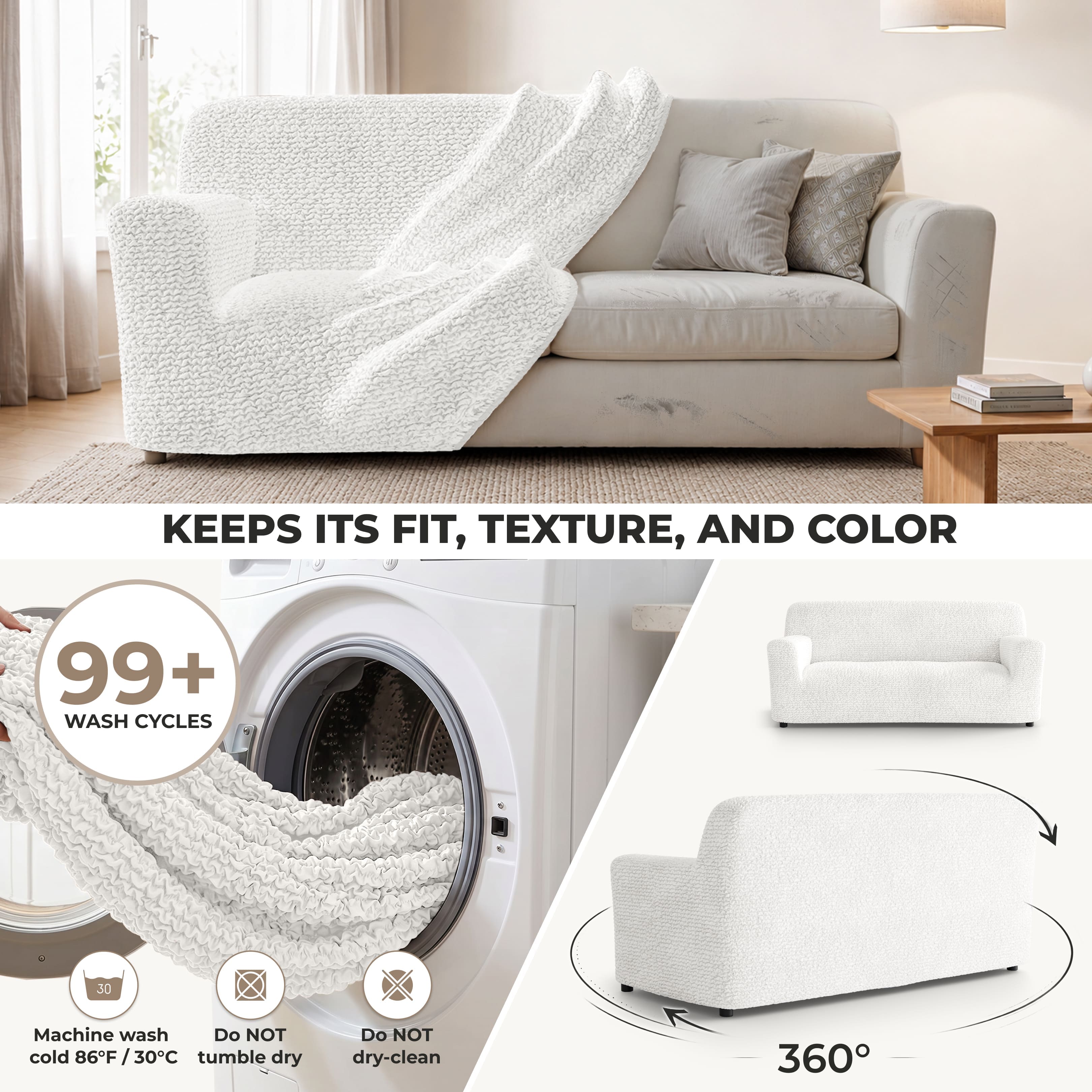 Sofa 3 Seater Slipcover, Comfort Collection – Crisp White, color swatch | Crisp White