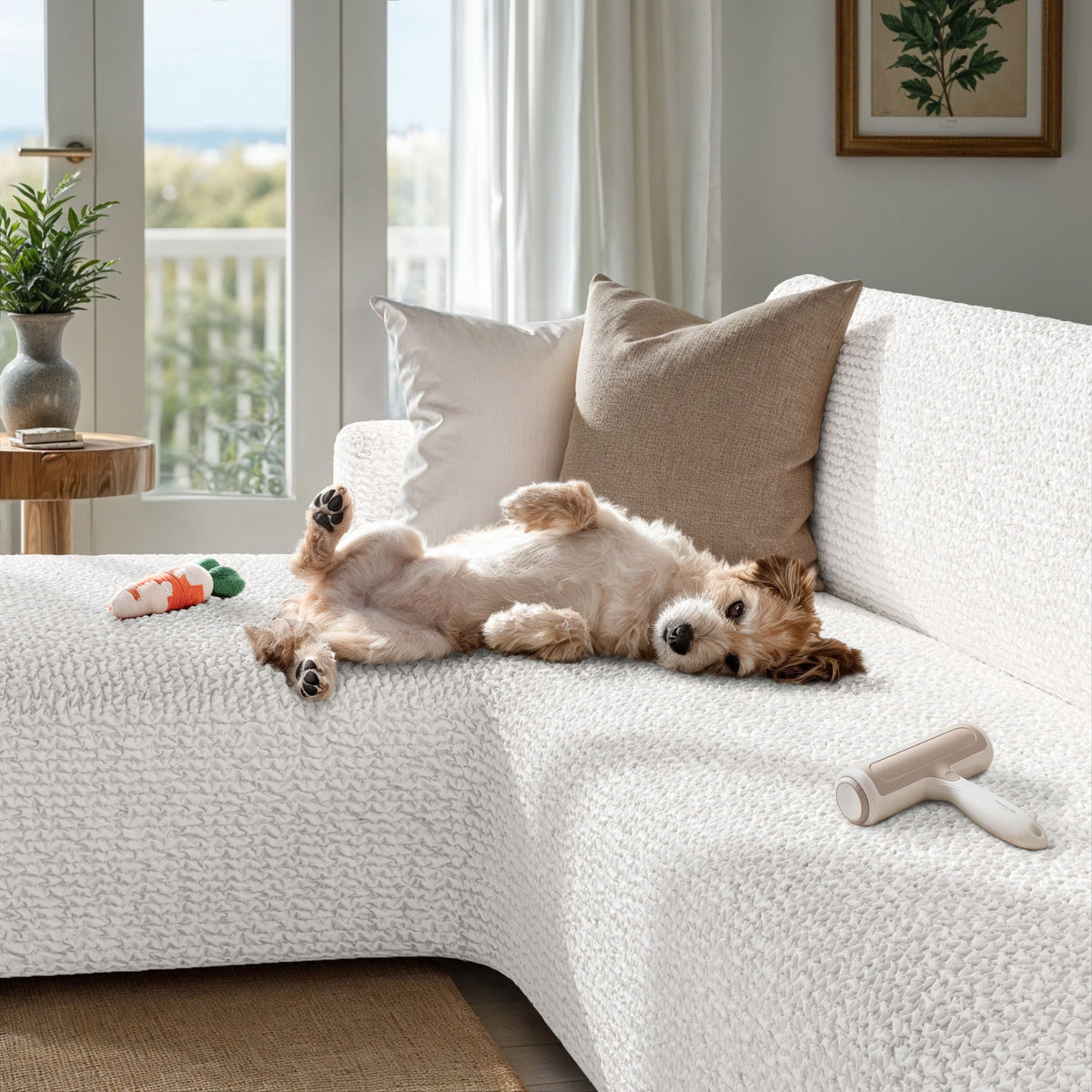 L-Shaped Sofa Slipcover (Left Chaise), Comfort Collection – Crisp White, interior view with dog | Crisp White