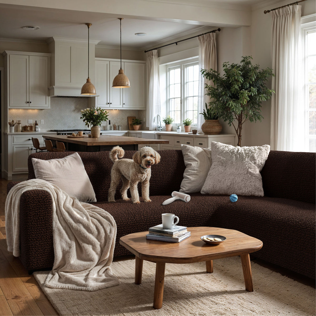 Corner Sofa Slipcover, Comfort Collection – Dark Brown, interior view with dog | Dark Brown