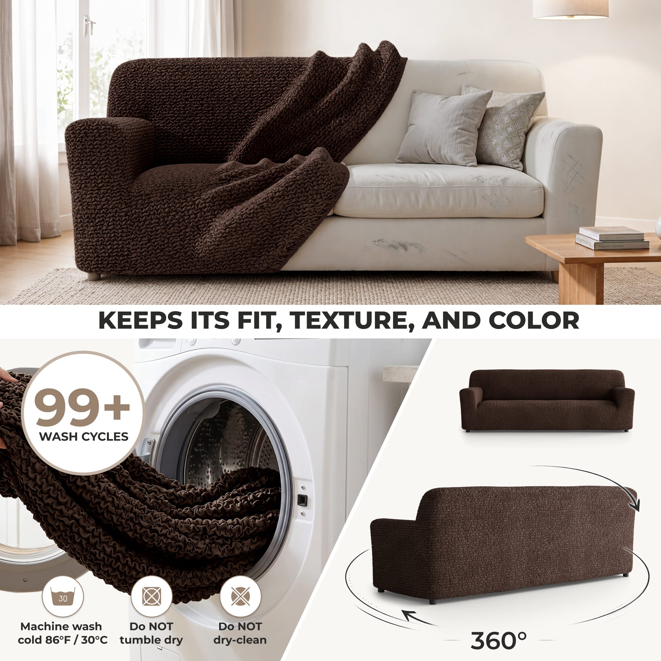 Sofa 4 Seater Slipcover, Comfort Collection – Dark Brown, side view | Dark Brown