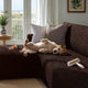 L-Shaped Sofa Slipcover (Left Chaise), Comfort Collection – Dark Brown, interior view with dog | Dark Brown