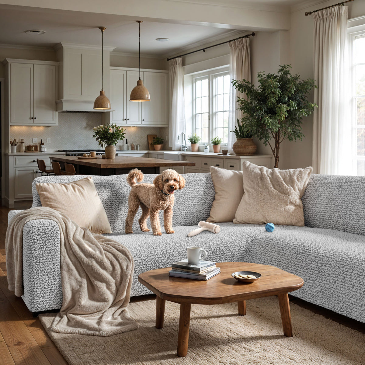 Corner Sofa Slipcover, Comfort Collection – Light Grey, interior view with dog | Light Grey