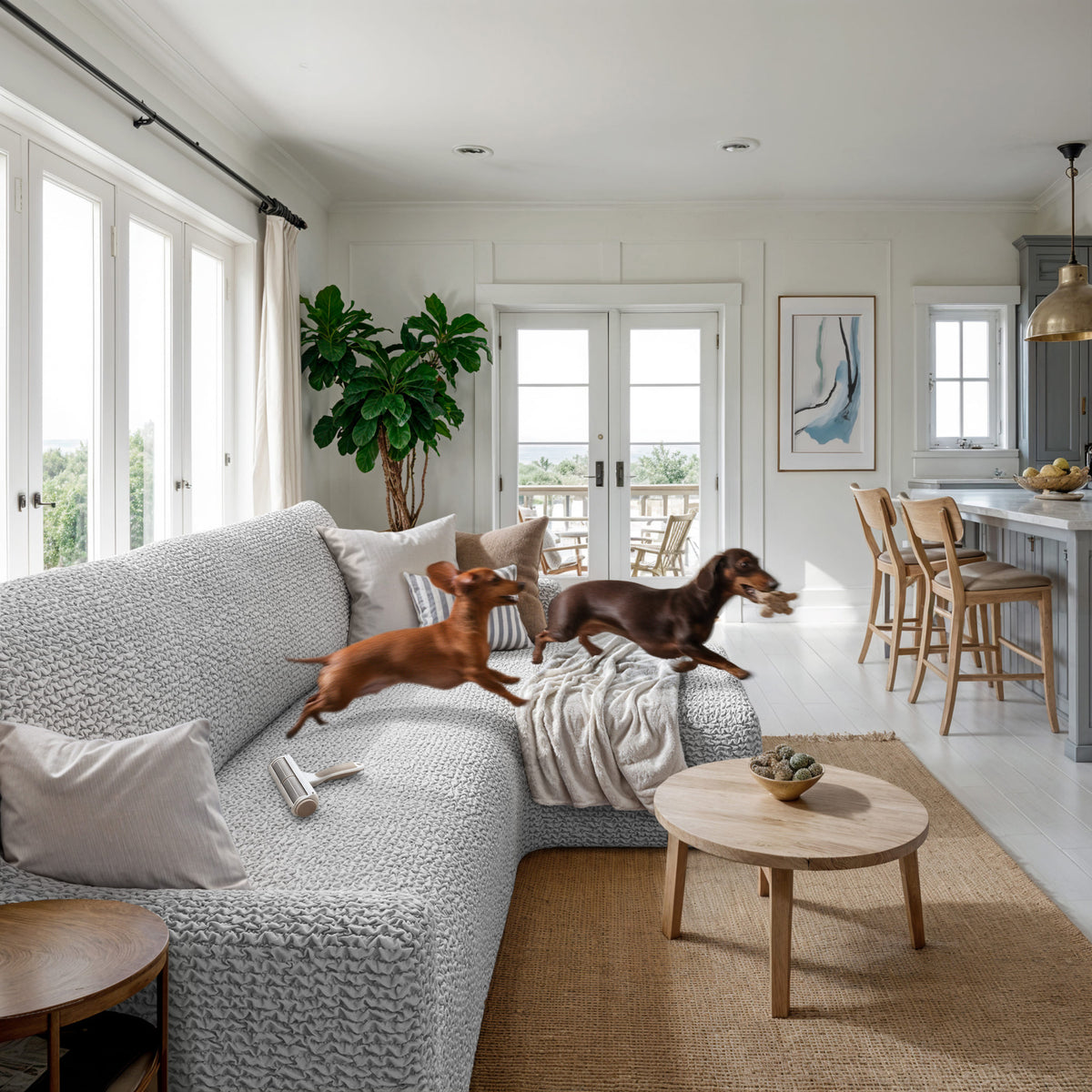 L-Shaped Sofa Slipcover (Right Chaise), Comfort Collection – Light Grey, interior view with dog | Light Grey