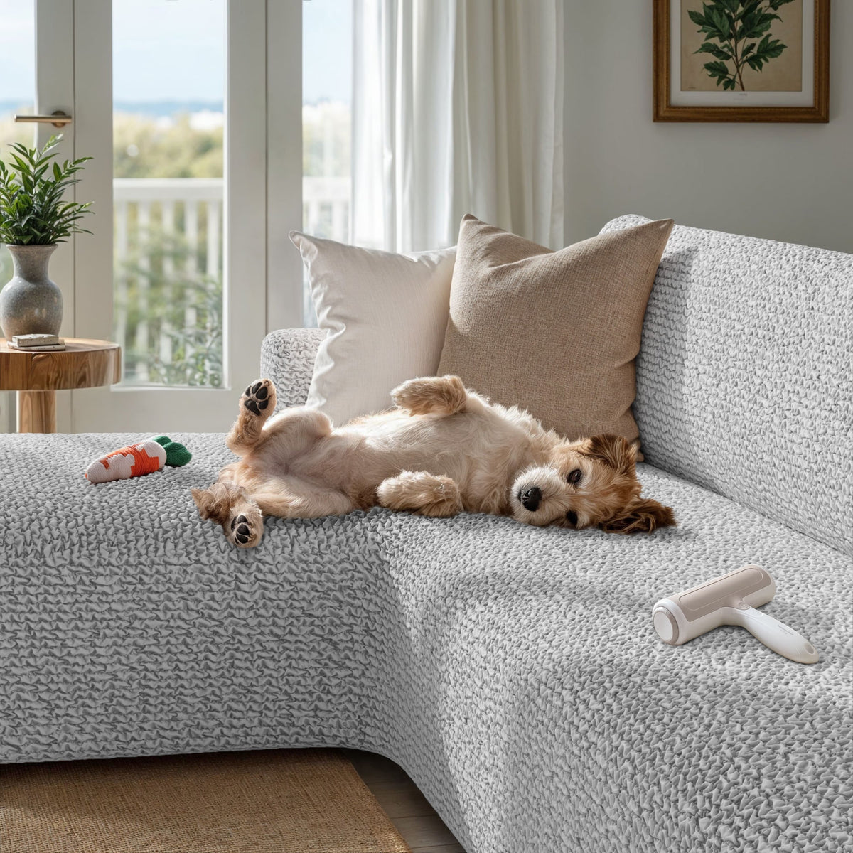L-Shaped Sofa Slipcover (Left Chaise), Comfort Collection – Light Grey, interior view with dog | Light Grey