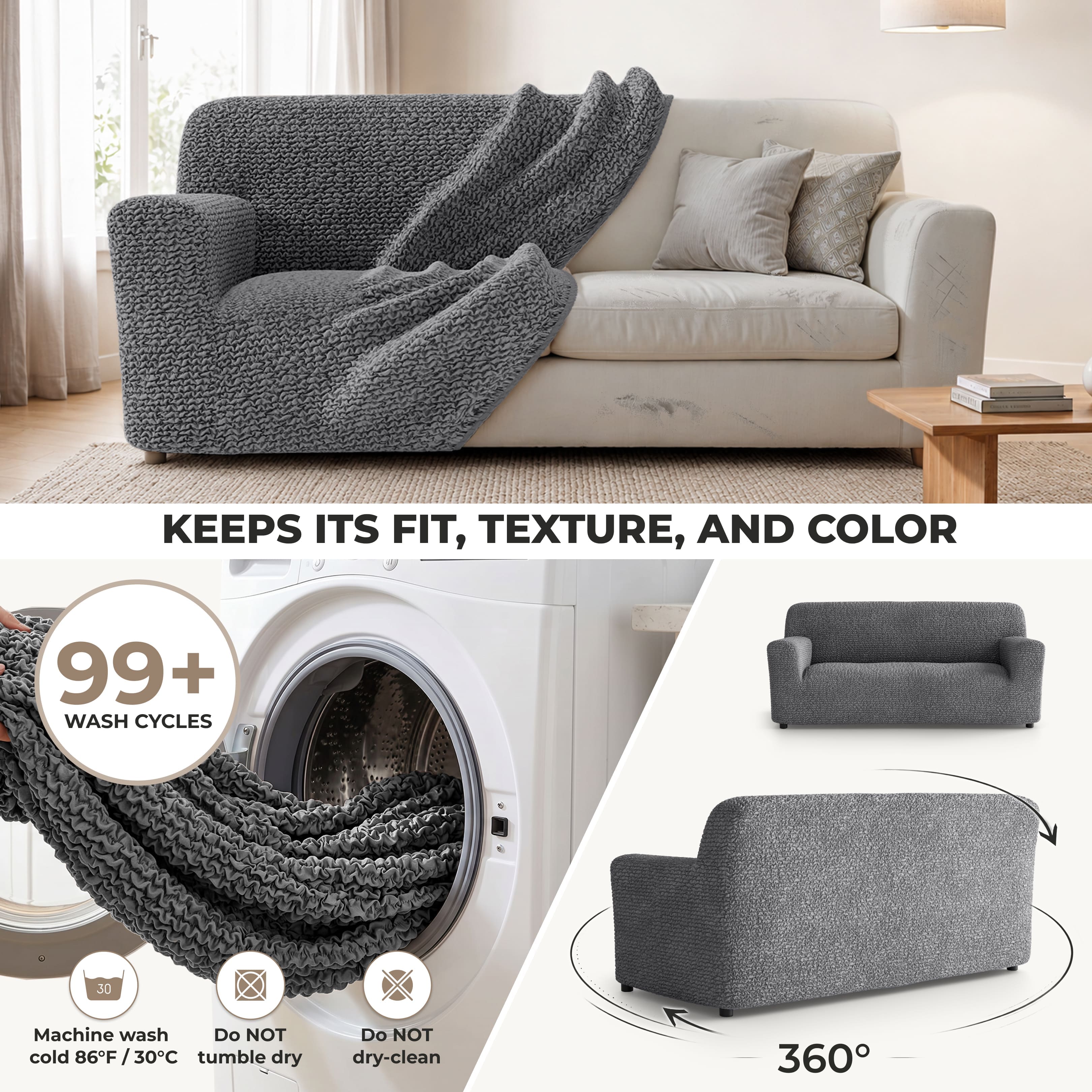 Sofa 3 Seater Slipcover, Comfort Collection – Dark Grey, color swatch | Dark Grey