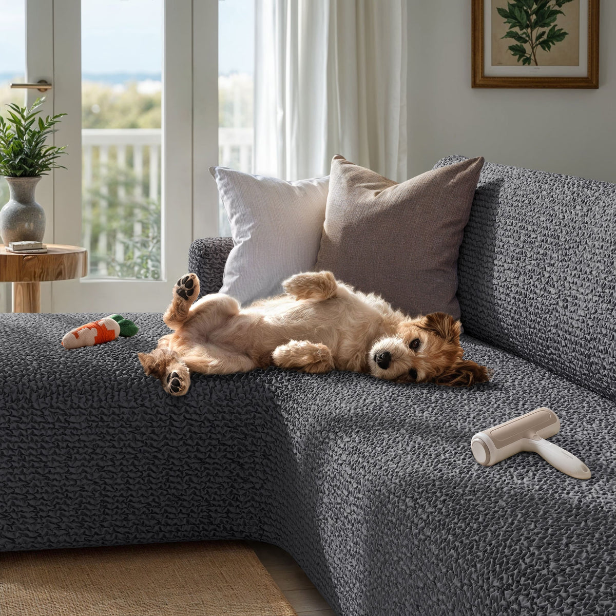 L-Shaped Sofa Slipcover (Left Chaise), Comfort Collection – Dark Grey, interior view with dog | Dark Grey