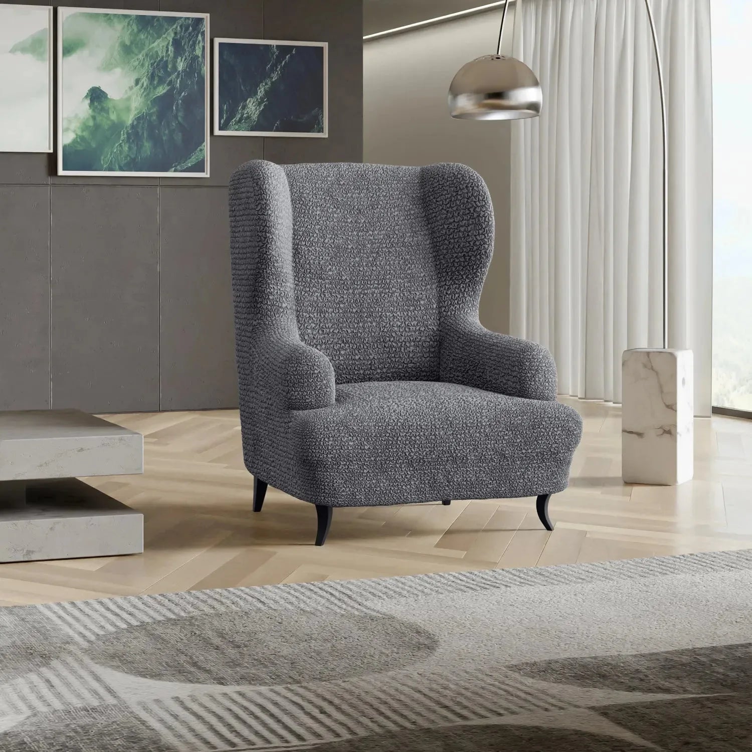 Dark Grey Wingback Chair Slipcover, Microfibra Collection