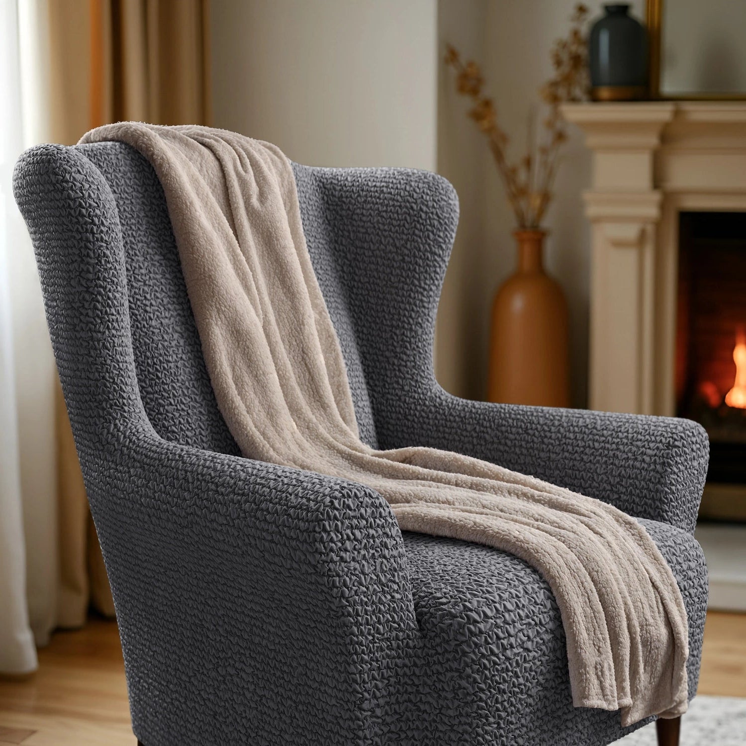 Dark Grey Wingback Chair Slipcover, Microfibra Collection