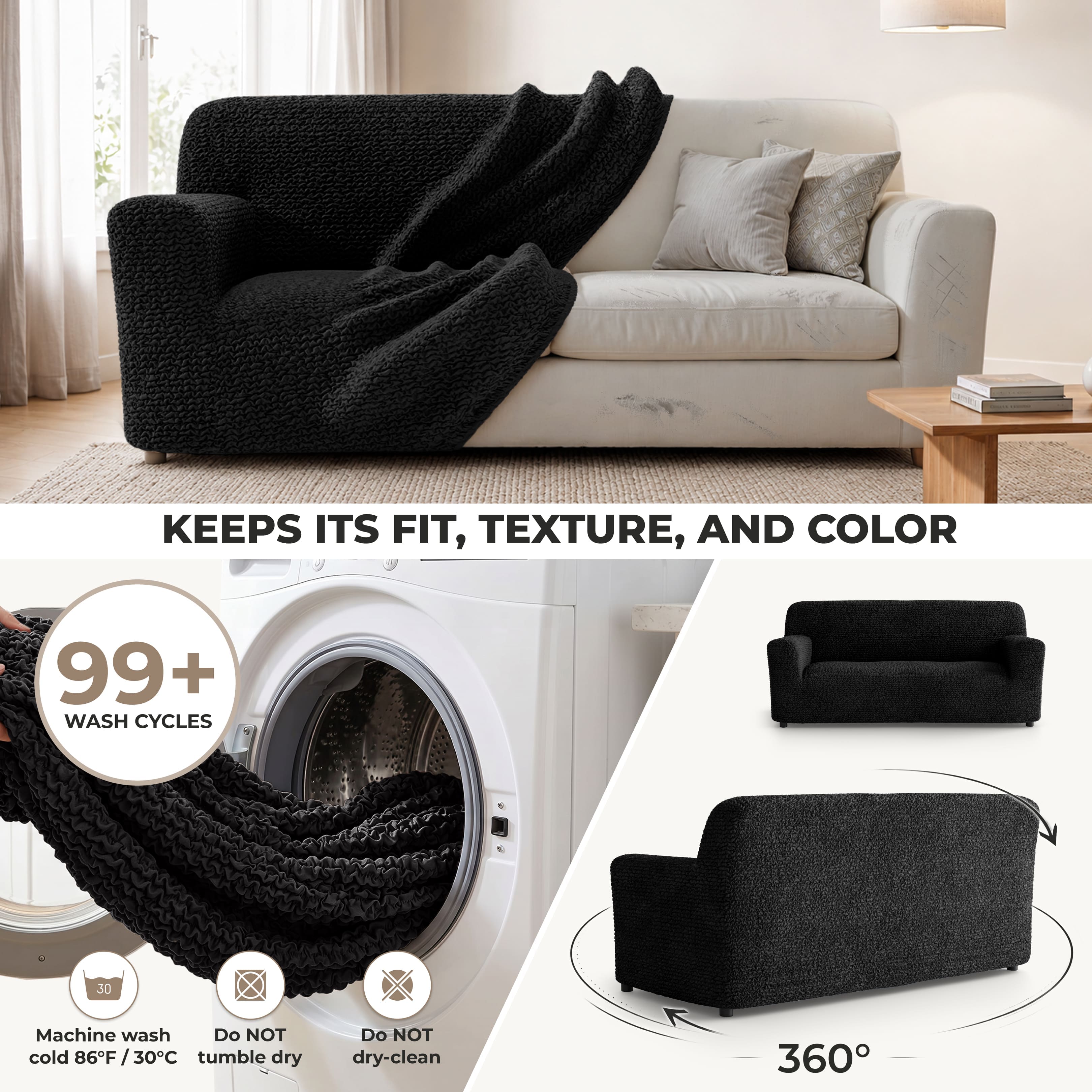 Sofa 3 Seater Slipcover, Comfort Collection – Black, color swatch | Black