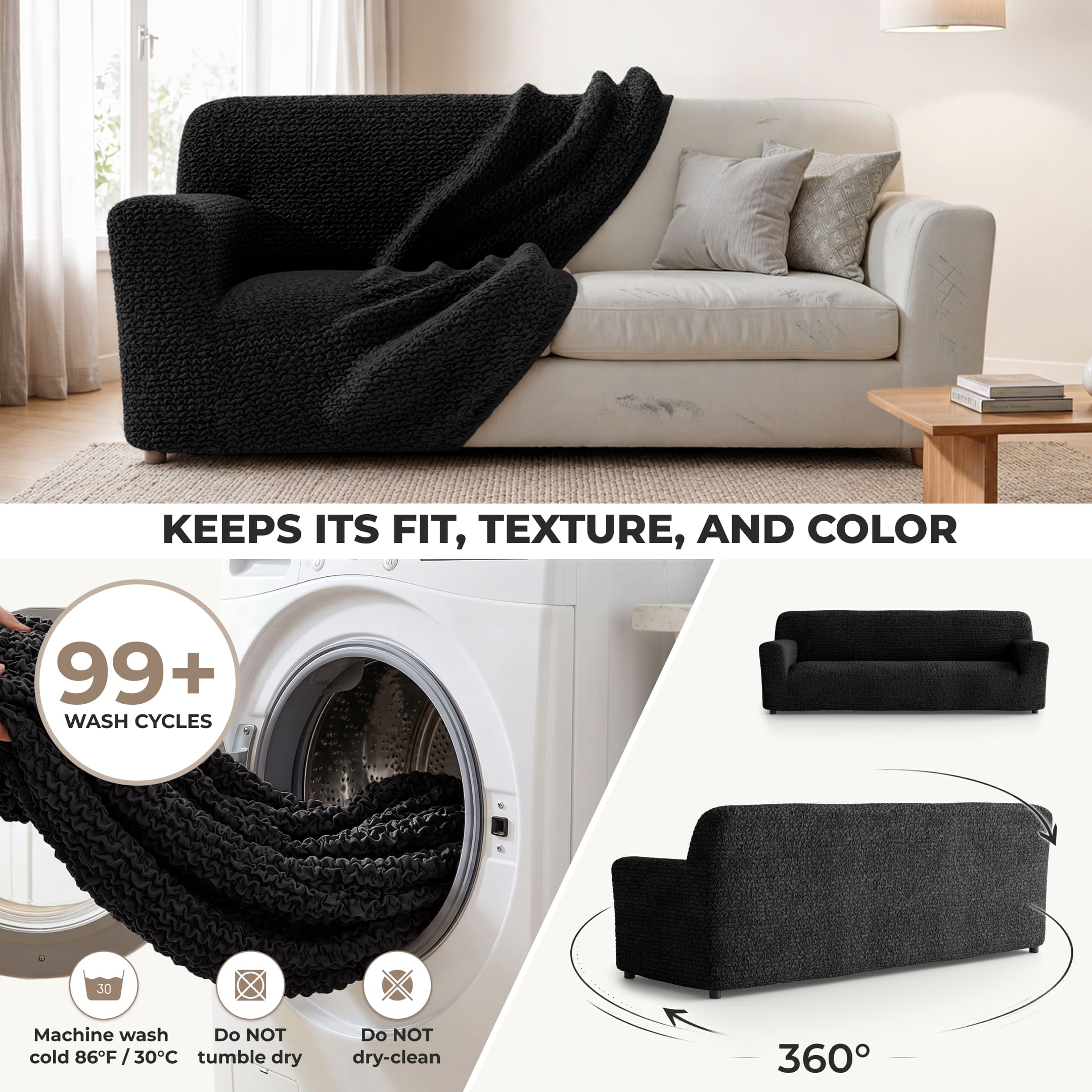 Sofa 4 Seater Slipcover, Comfort Collection – Black, color swatch | Black