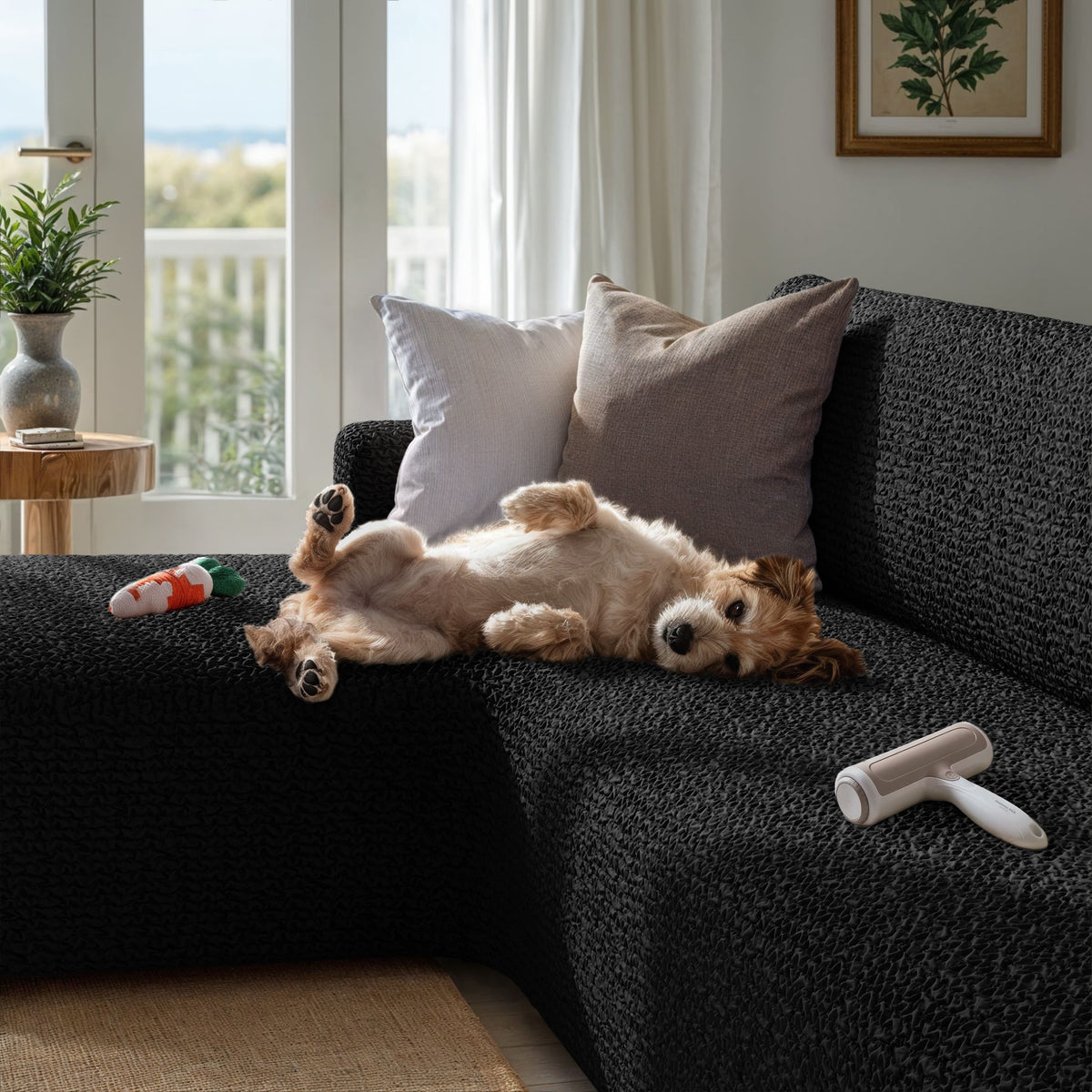 L-Shaped Sofa Slipcover (Left Chaise), Comfort Collection – Black, interior view with dog | Black