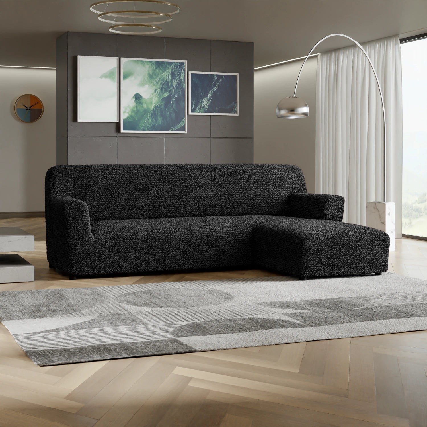 Black L-Shaped Sofa Slipcover (Right Chaise), Microfibra Collection