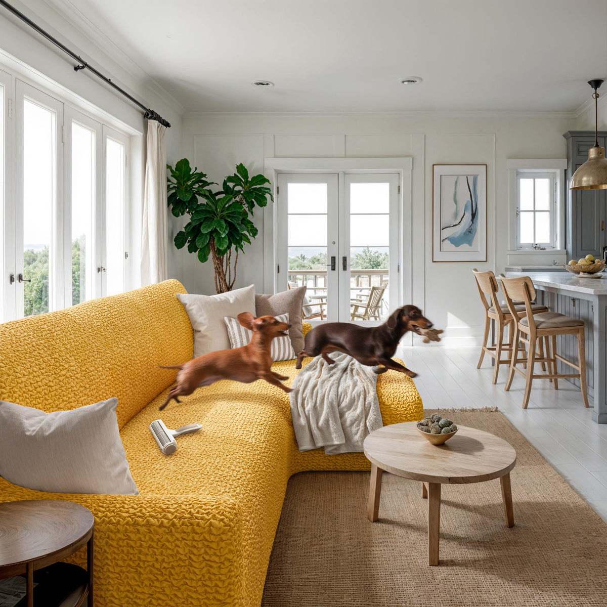 L-Shaped Sofa Slipcover (Right Chaise), Comfort Collection – Mango, interior view with dog | Mango