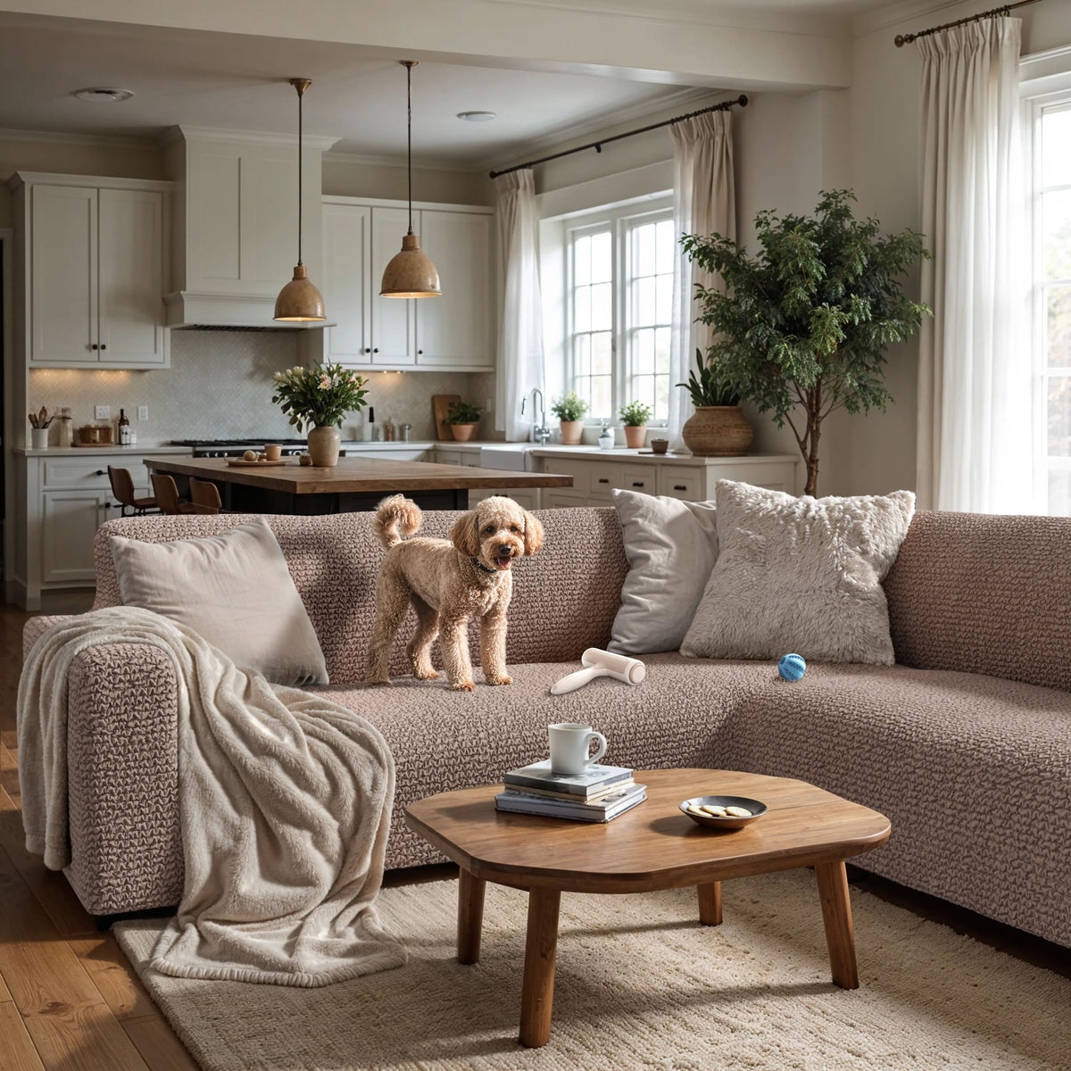 Corner Sofa Slipcover, Comfort Collection – Soft Taupe, interior view with dog | Soft Taupe
