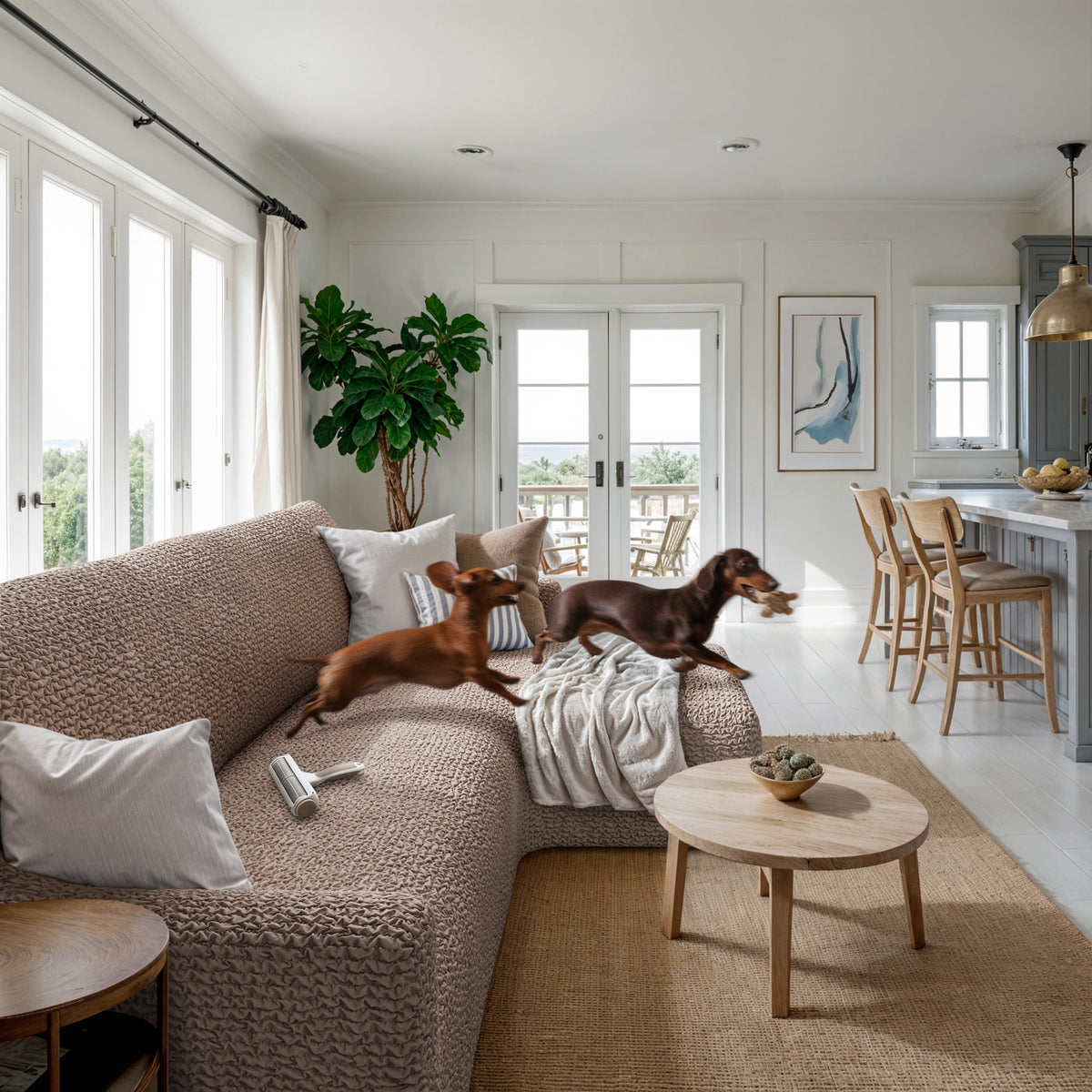 L-Shaped Sofa Slipcover (Right Chaise), Comfort Collection – Soft Taupe, interior view with dog | Soft Taupe