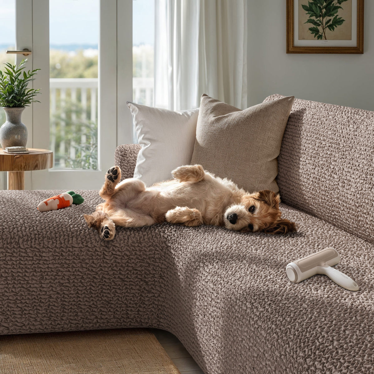 L-Shaped Sofa Slipcover (Left Chaise), Comfort Collection – Soft Taupe, interior view with dog | Soft Taupe