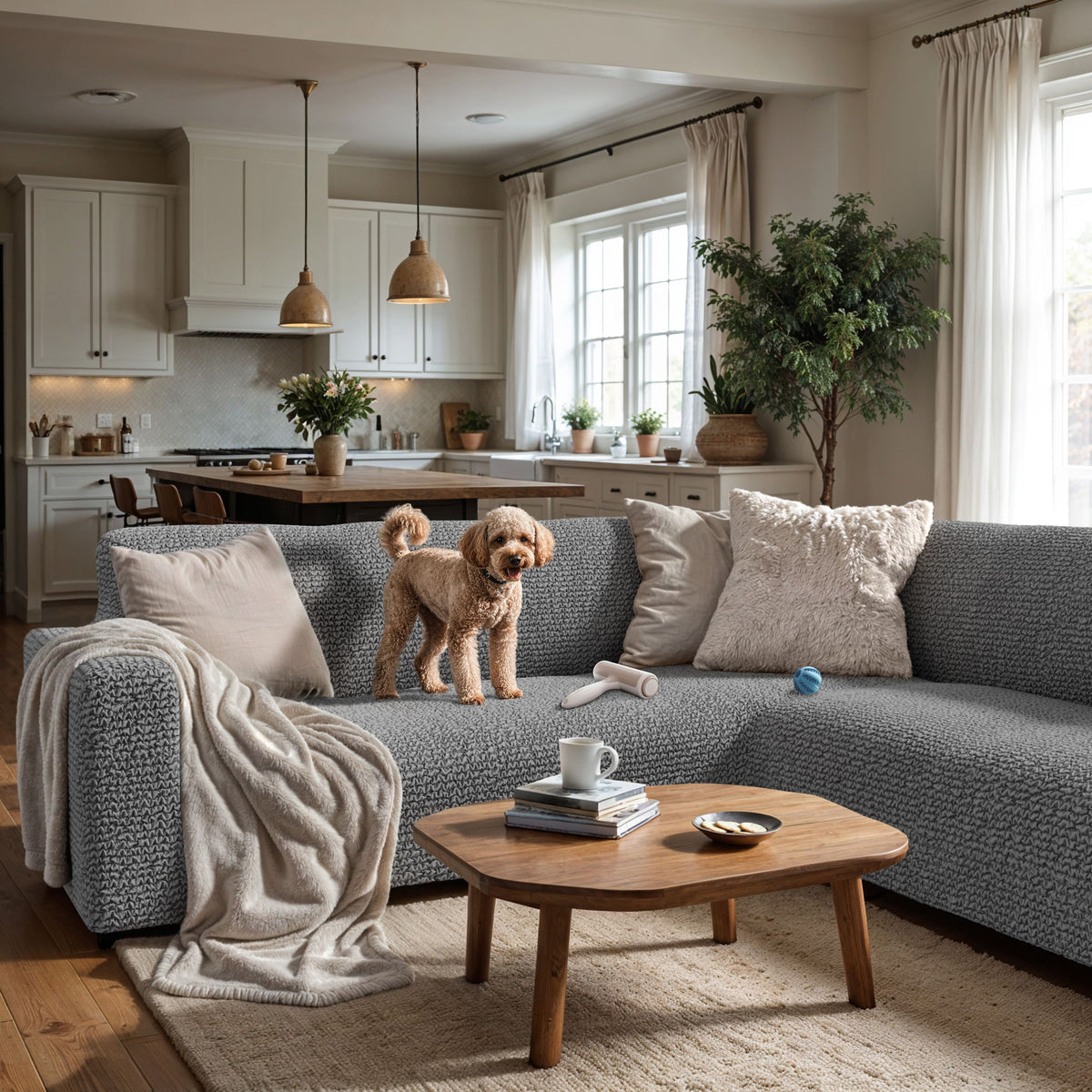 Corner Sofa Slipcover, Comfort Collection – Ash, interior view with dog | Ash